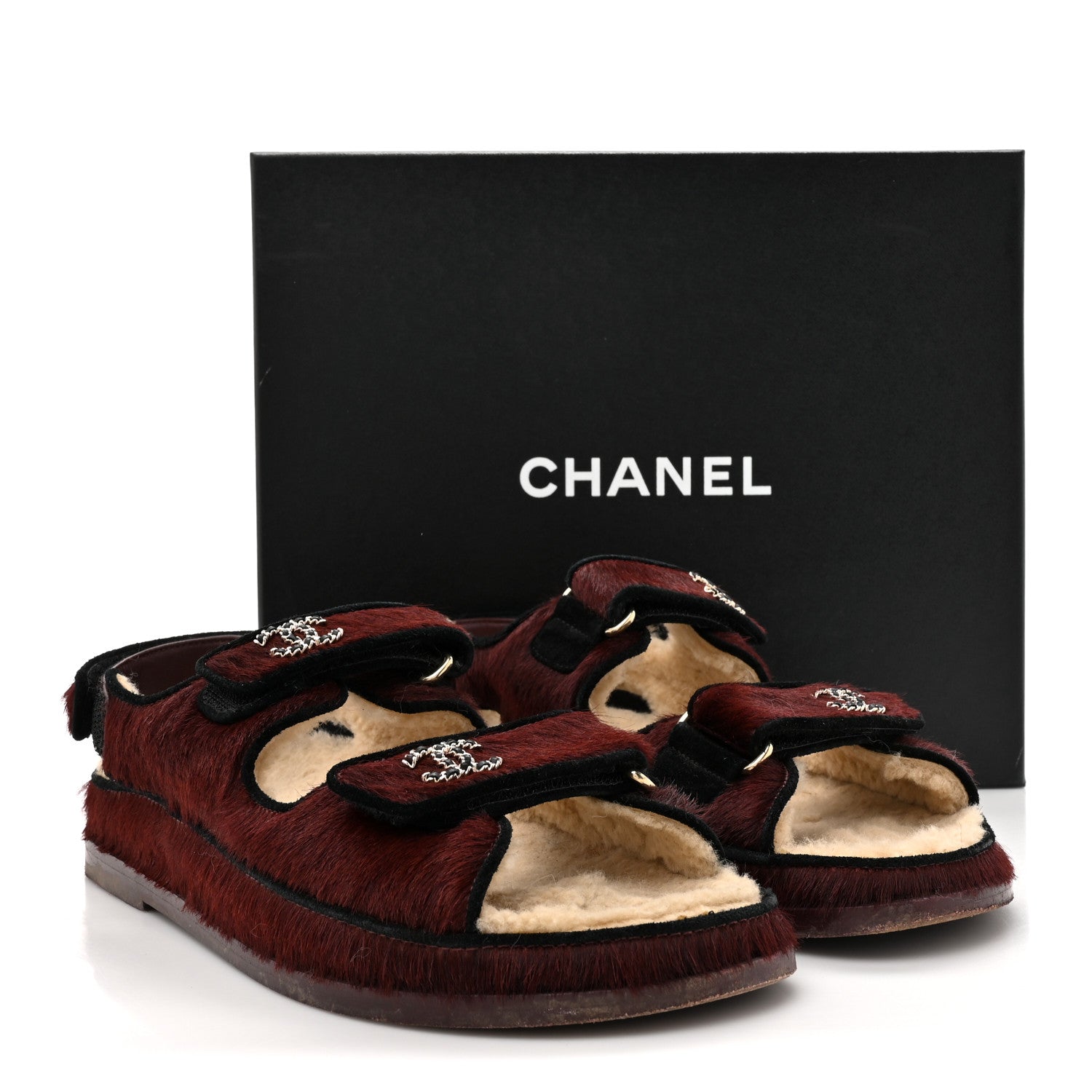 Calf Hair Suede Shearling Dad Sandals 38 Burgundy Black