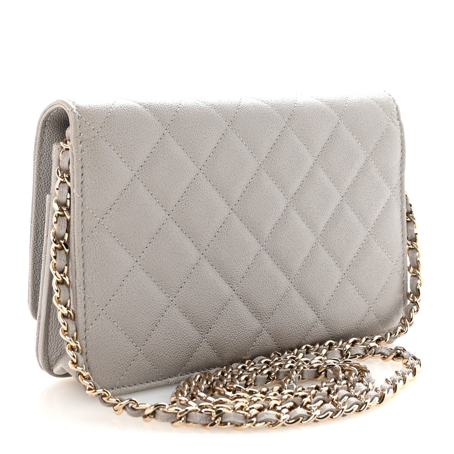 Caviar Quilted Studded CC Wallet On Chain WOC Grey