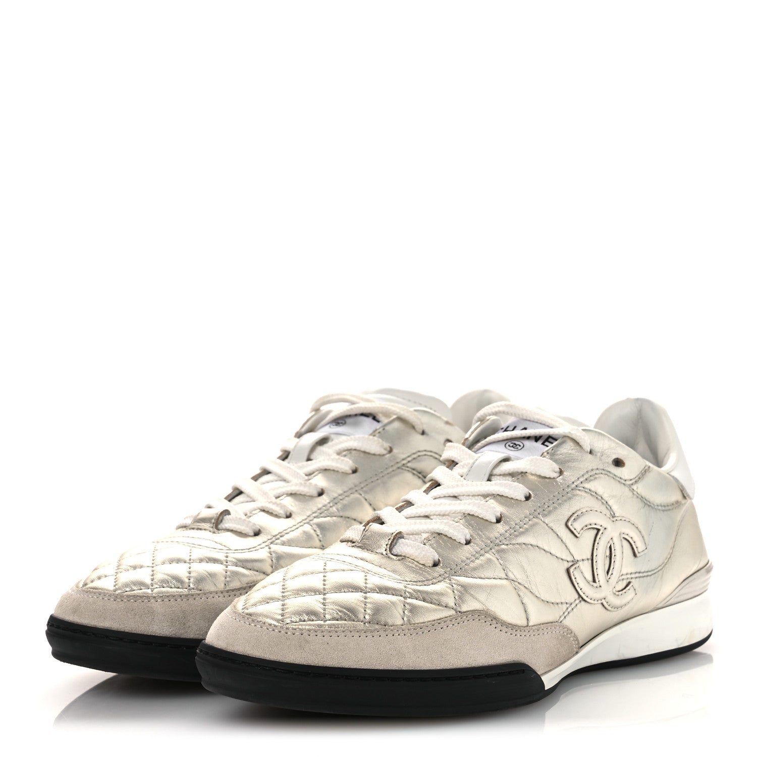 Laminated Calfskin Suede Quilted Womens CC Sneakers 39 Silver White