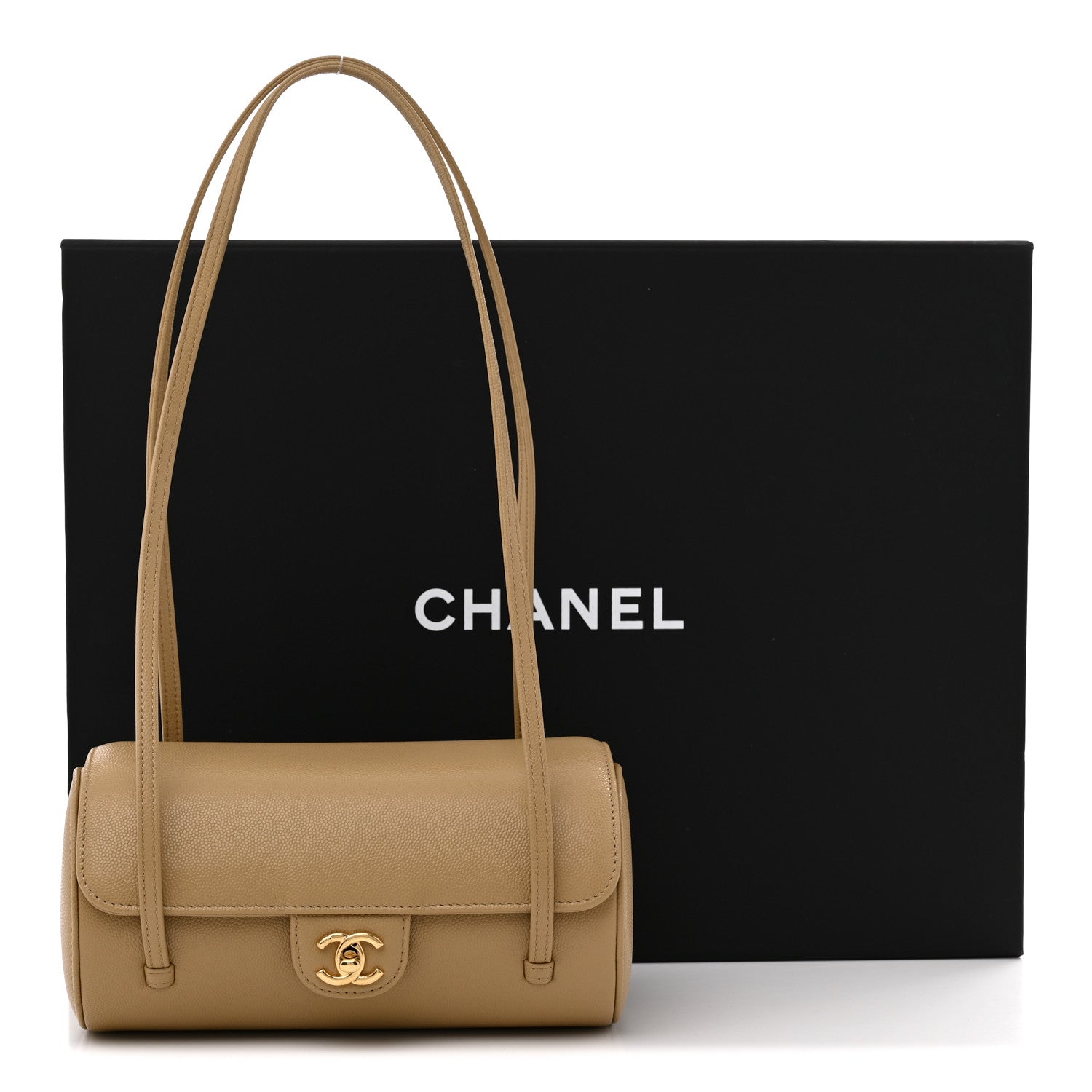 Shiny Caviar Preppy Coco Small Bowling Bag Dark Beige