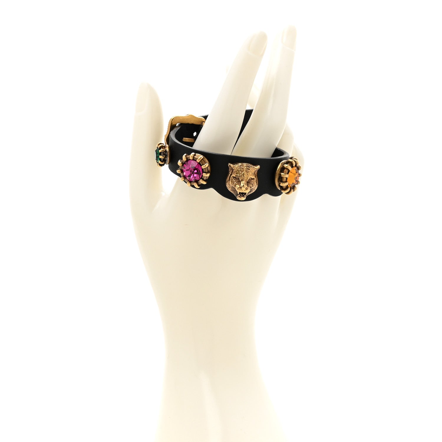 Calfskin Crystal Feline Heads Bracelet Black