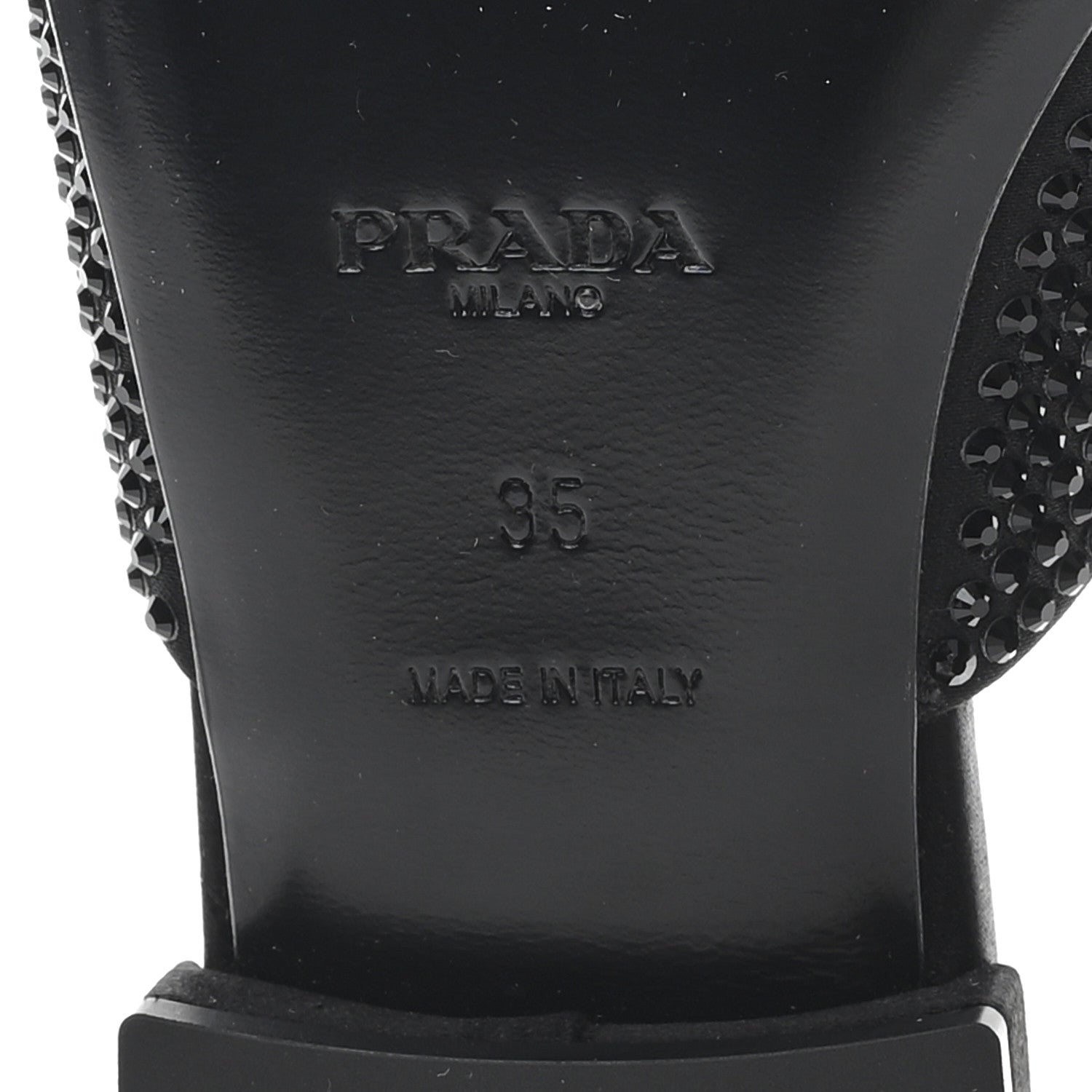 Satin Crystal Logo 10mm Slide Sandals  35 Black