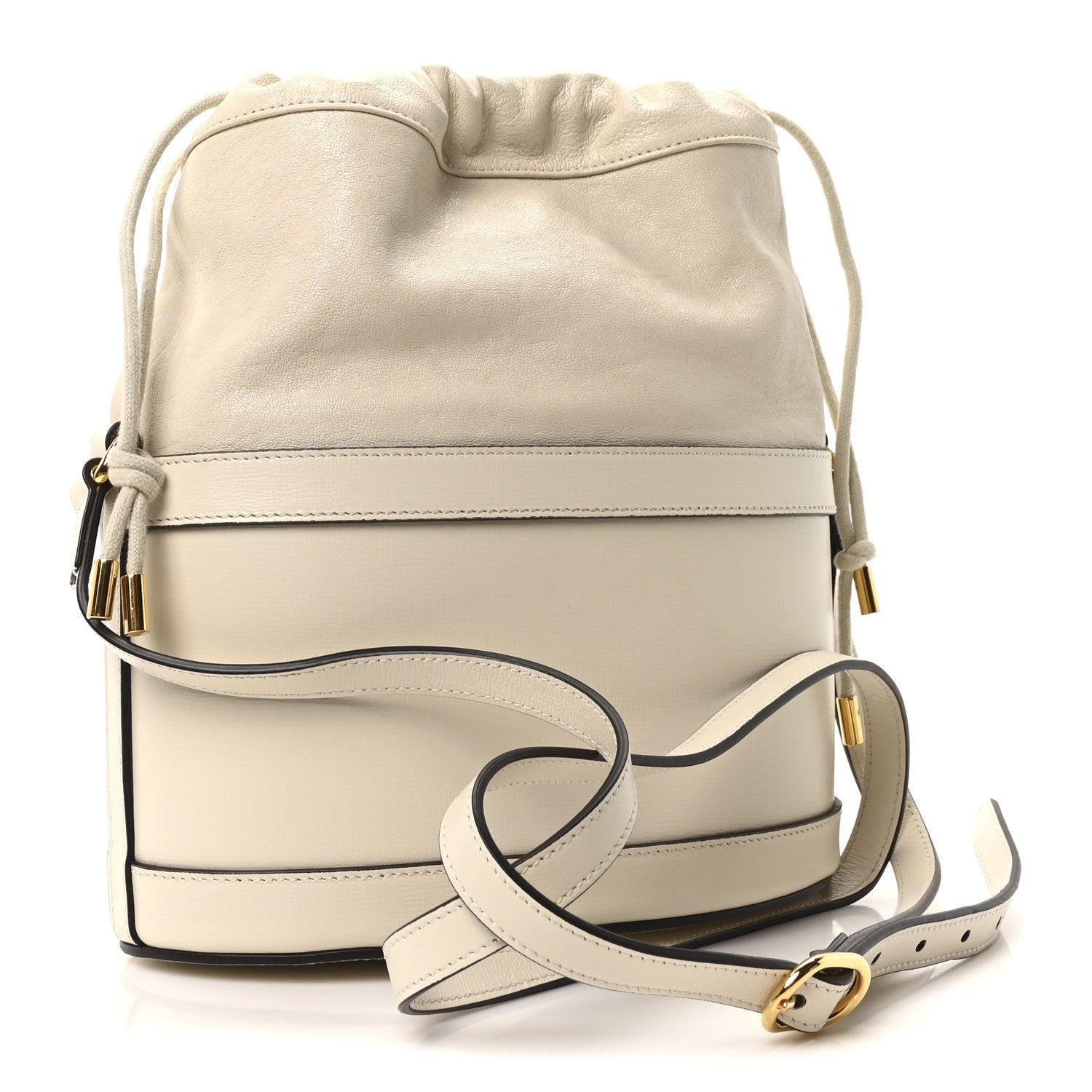 Azalea Sakai Calfskin Horsebit 1955 Drawstring Bucket Bag Mystic White