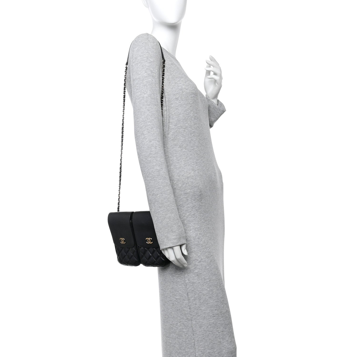 Glazed Calfskin Quilted Double Pocket Crossbody Flap Black