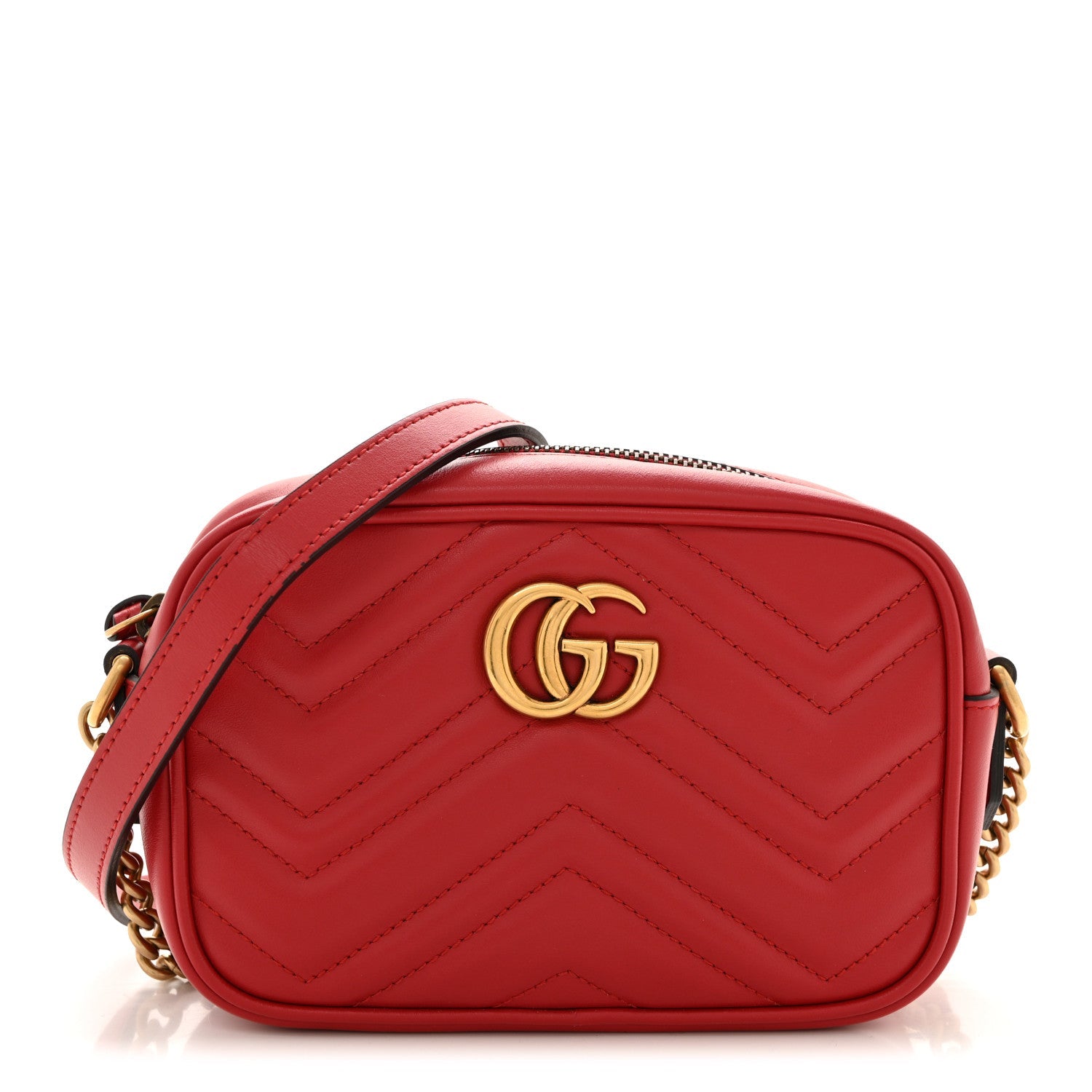 Calfskin Matelasse Mini GG Marmont Chain Shoulder Bag Hibiscus Red