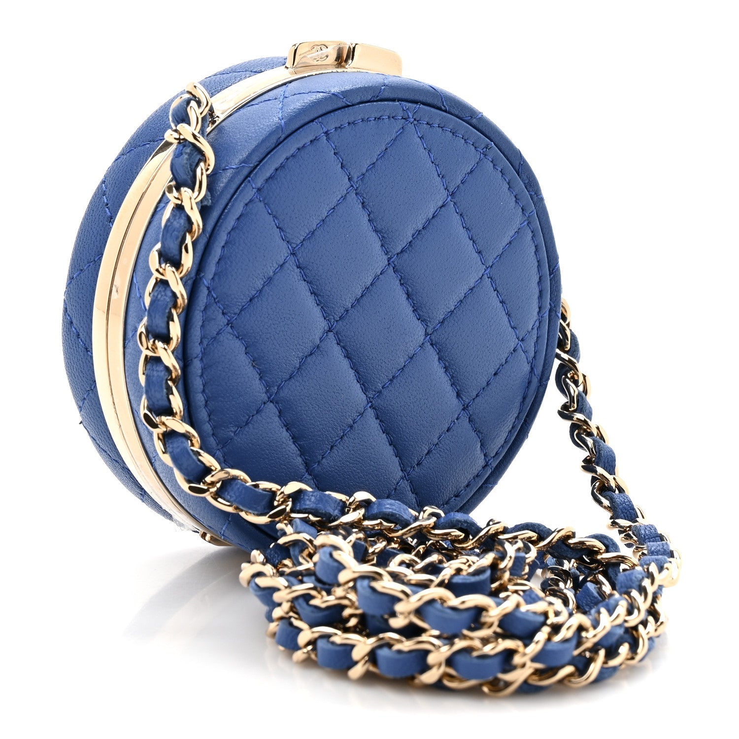 Lambskin Enamel Quilted Round Poker Chip Clutch With Chain Blue White