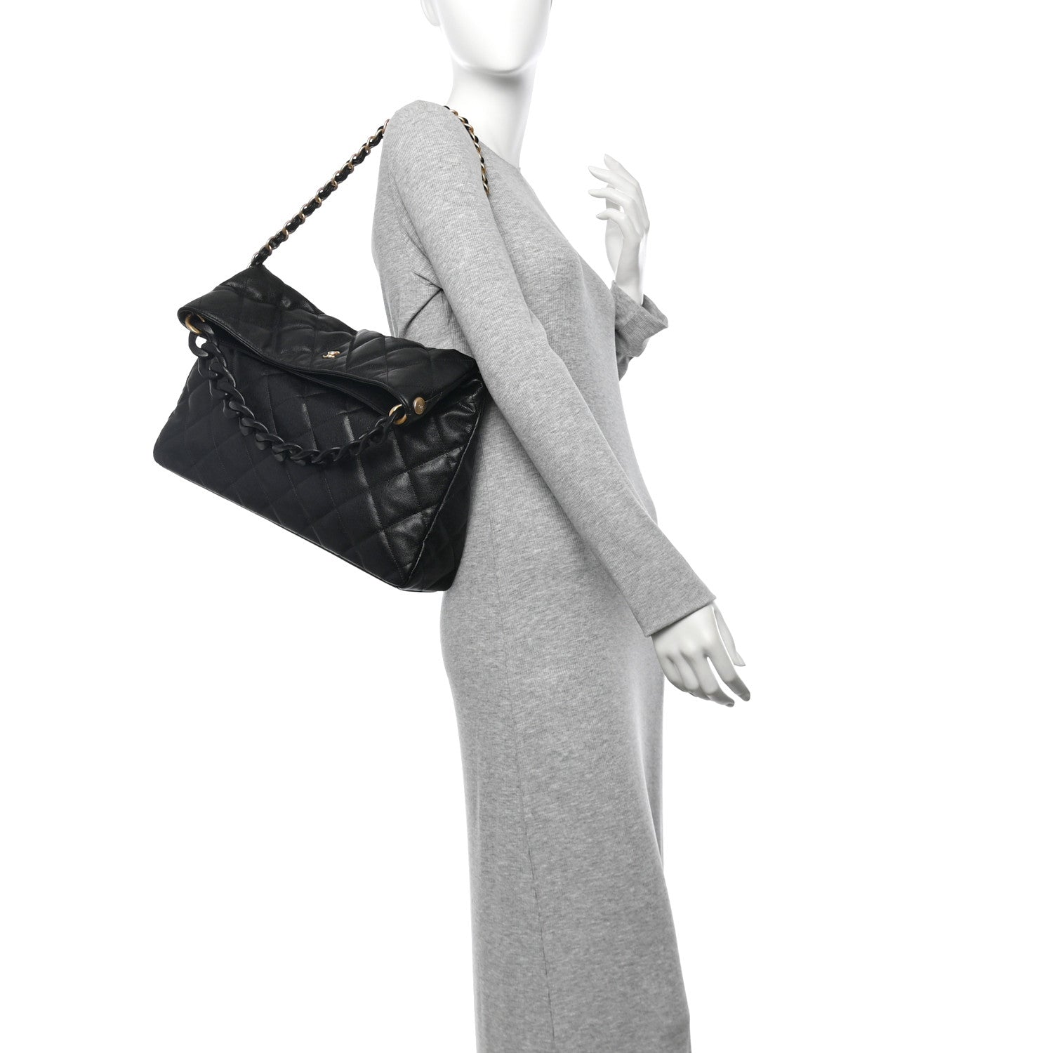 Caviar Quilted Fold Over Hobo Black