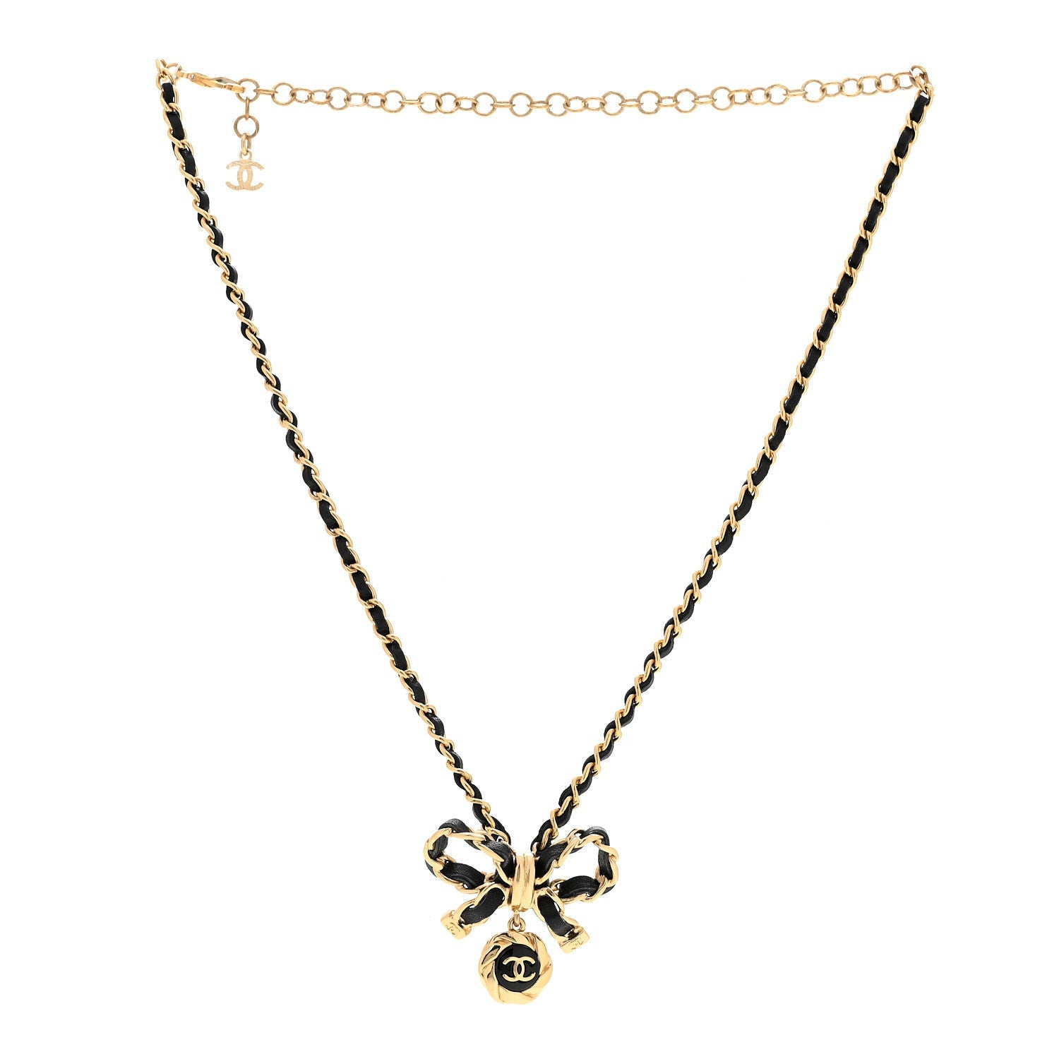 Metal Lambskin Chain CC Bow Necklace Black Gold