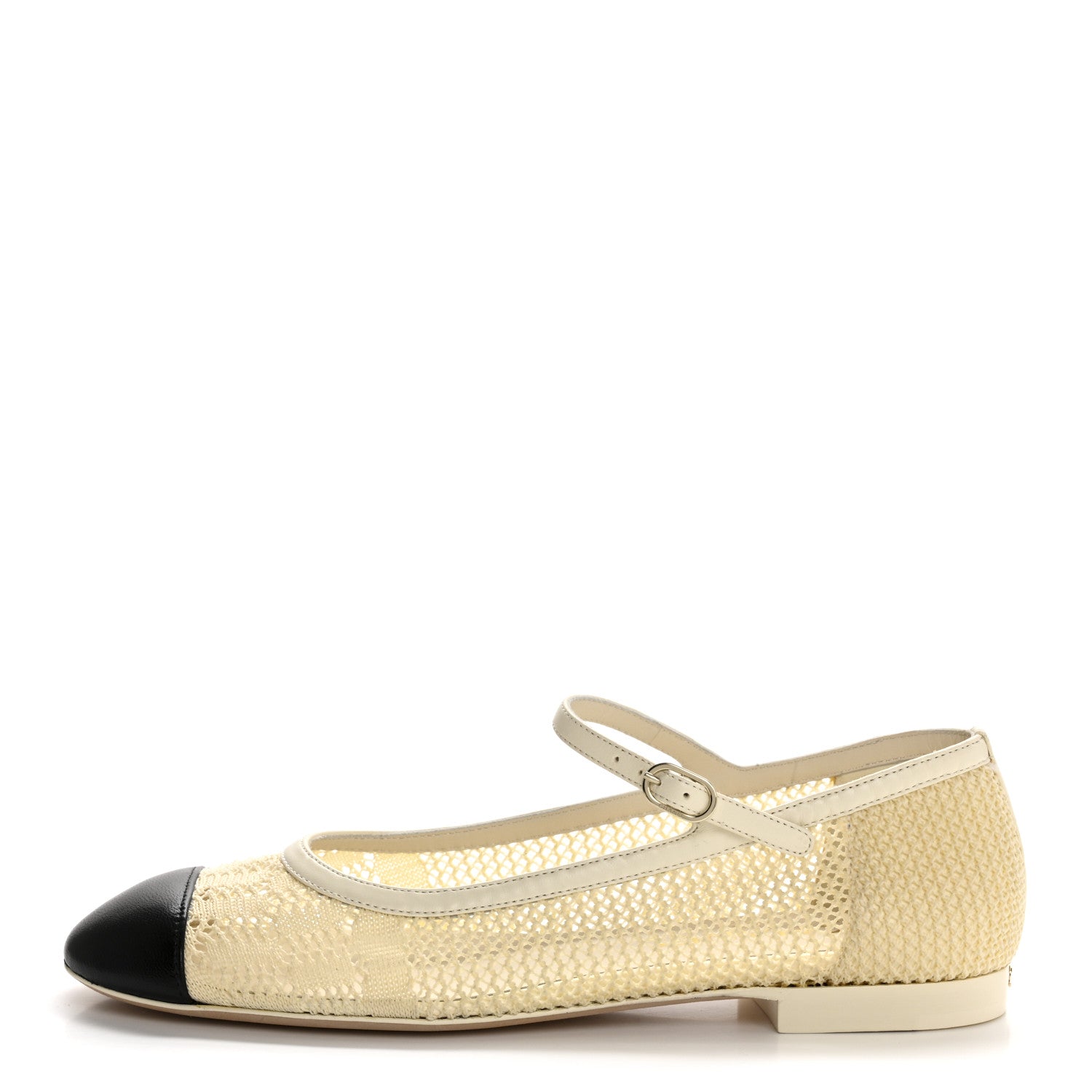 Crochet Lambskin Cap Toe Mary Jane Flats 38 Natural Beige Black
