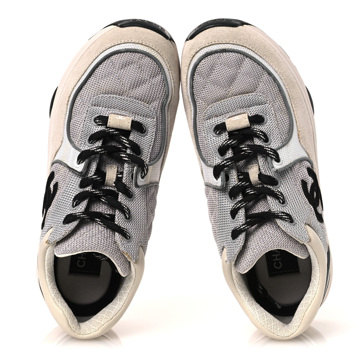 Mesh Suede Calfskin Grained Calfskin Womens CC Sneakers 37 Grey White
