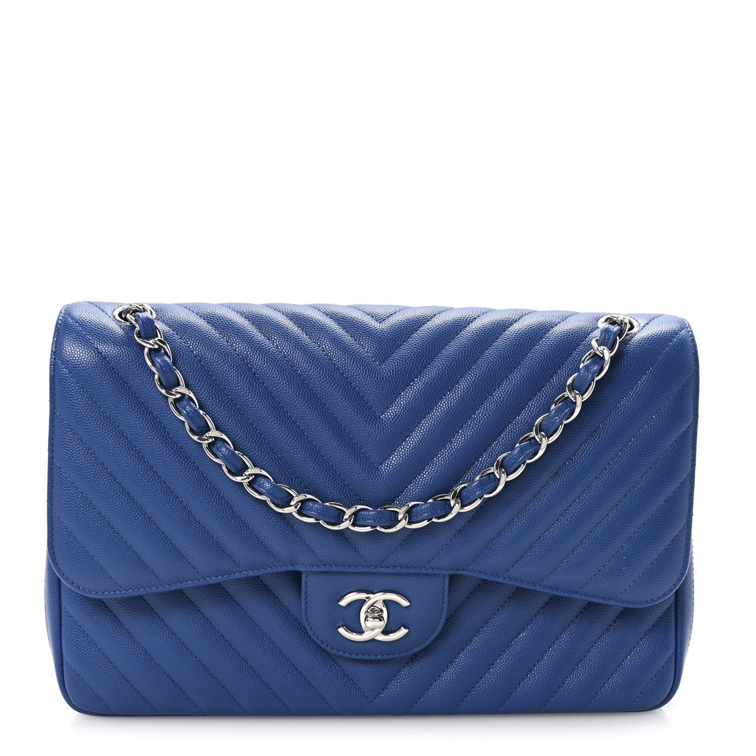 Caviar Chevron Quilted Jumbo Double Flap Blue