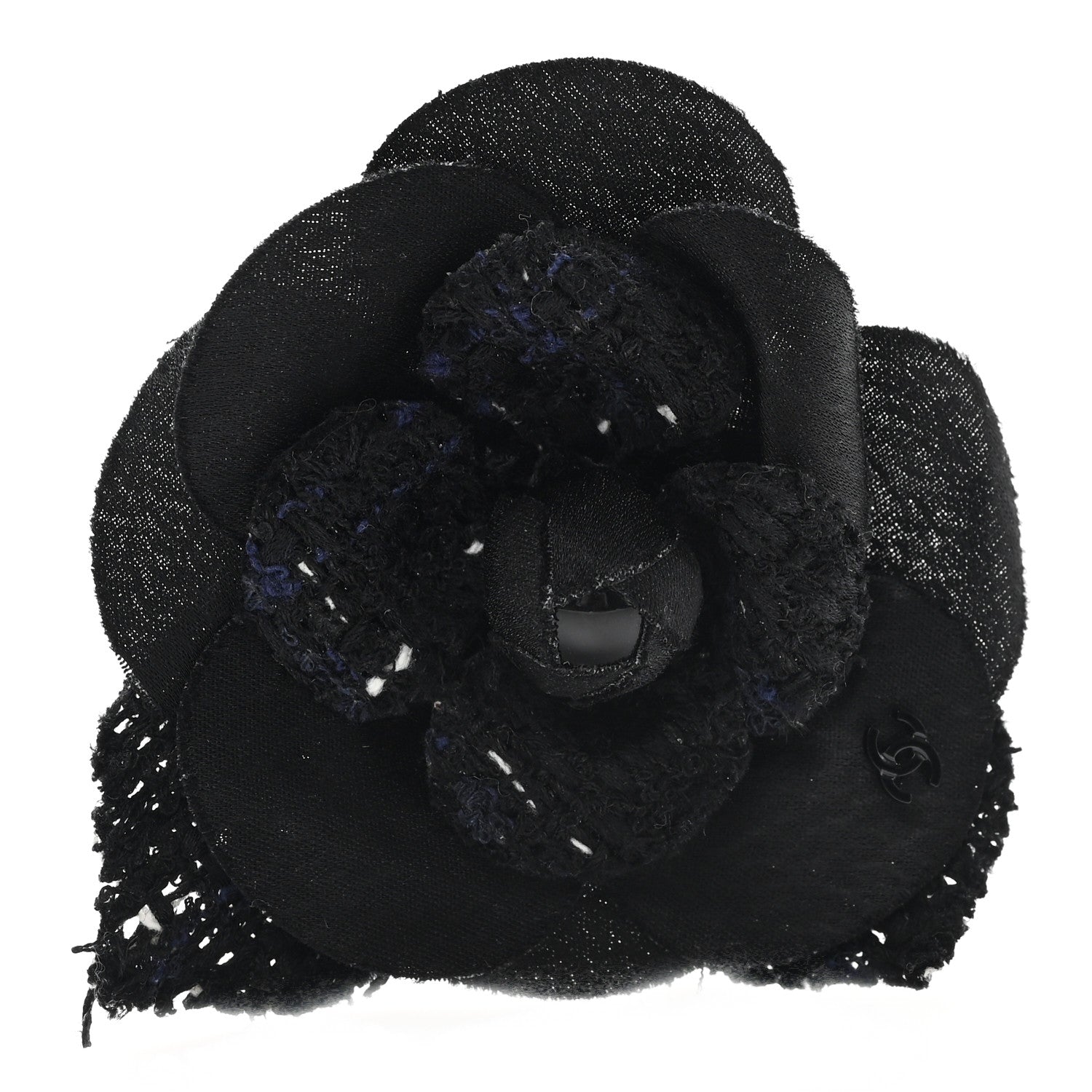 Tweed Camellia Pin Brooch Black White