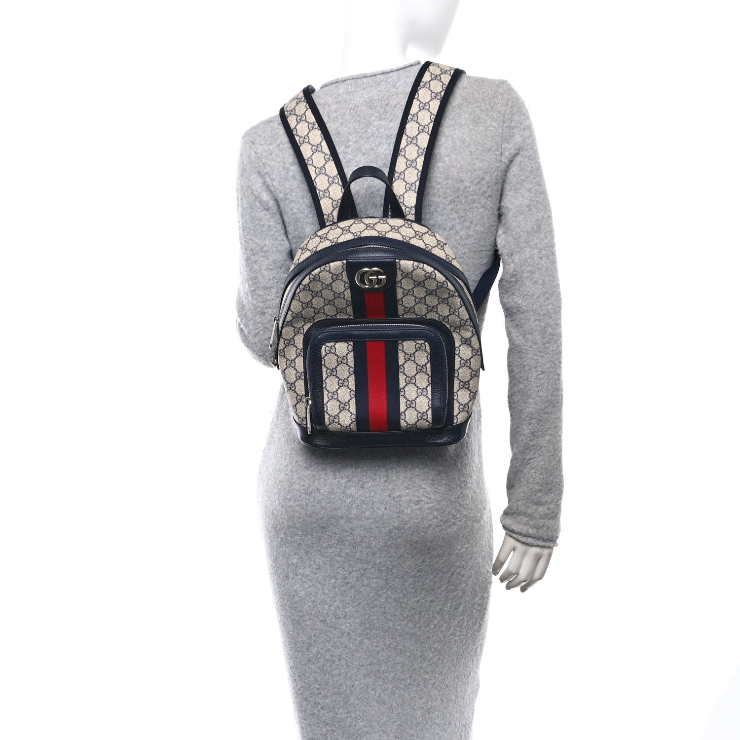 GG Supreme Monogram Textured Dollar Calfskin Web Small Ophidia Day Backpack Beige Blue Black