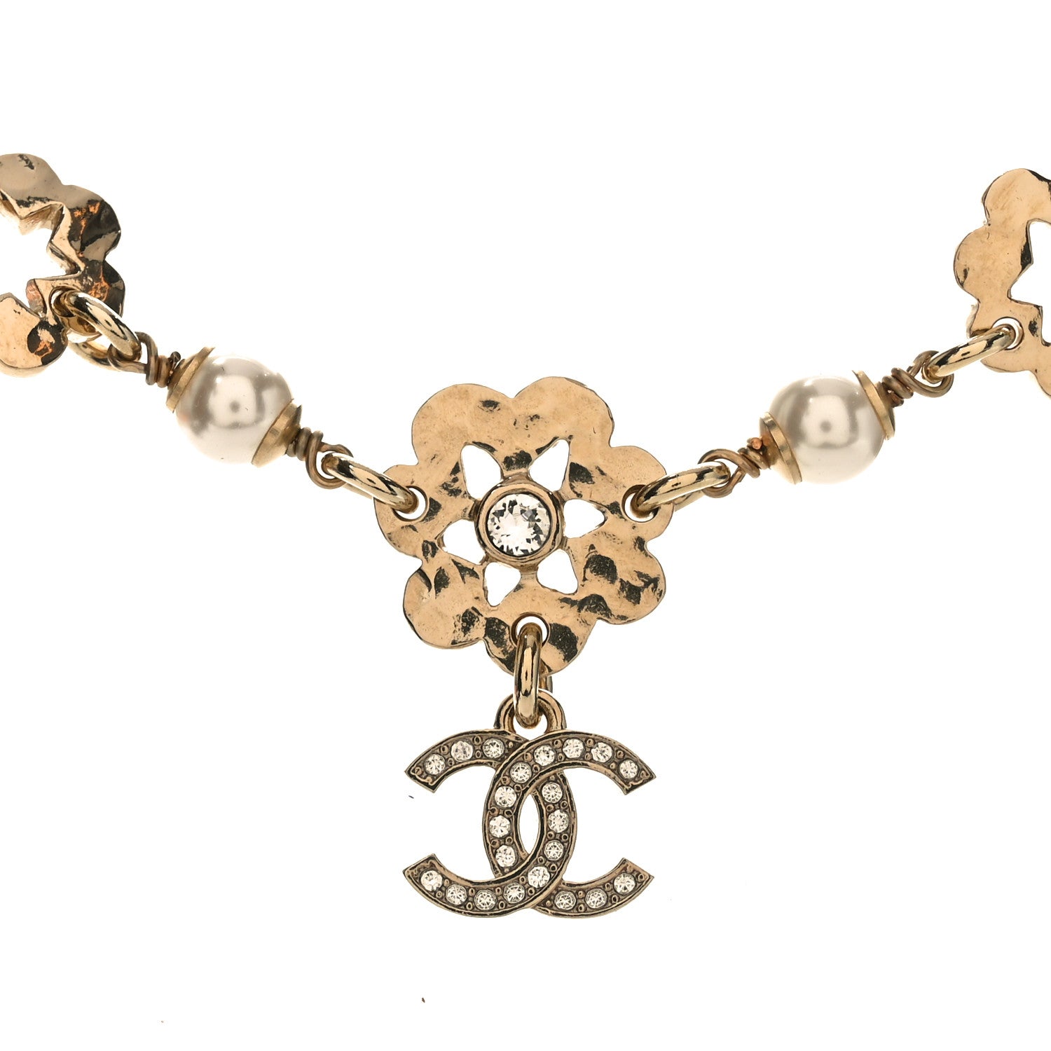 Metal Crystal Pearl CC Camellia Choker Necklace Gold