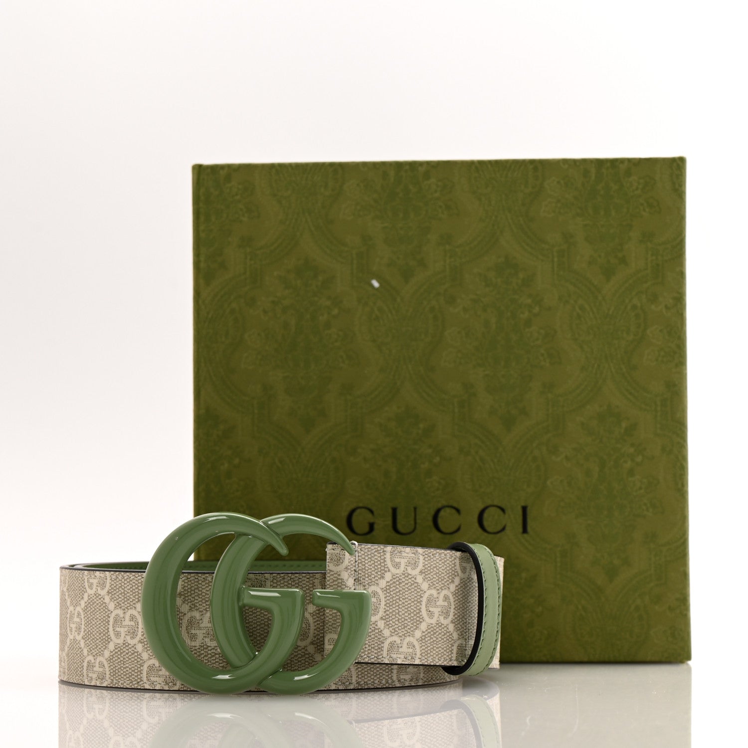 GG Supreme Monogram Plutone Calfskin Enamel Double G 40mm Belt 80 32 Beige Ebony Mystic White Salamander Green