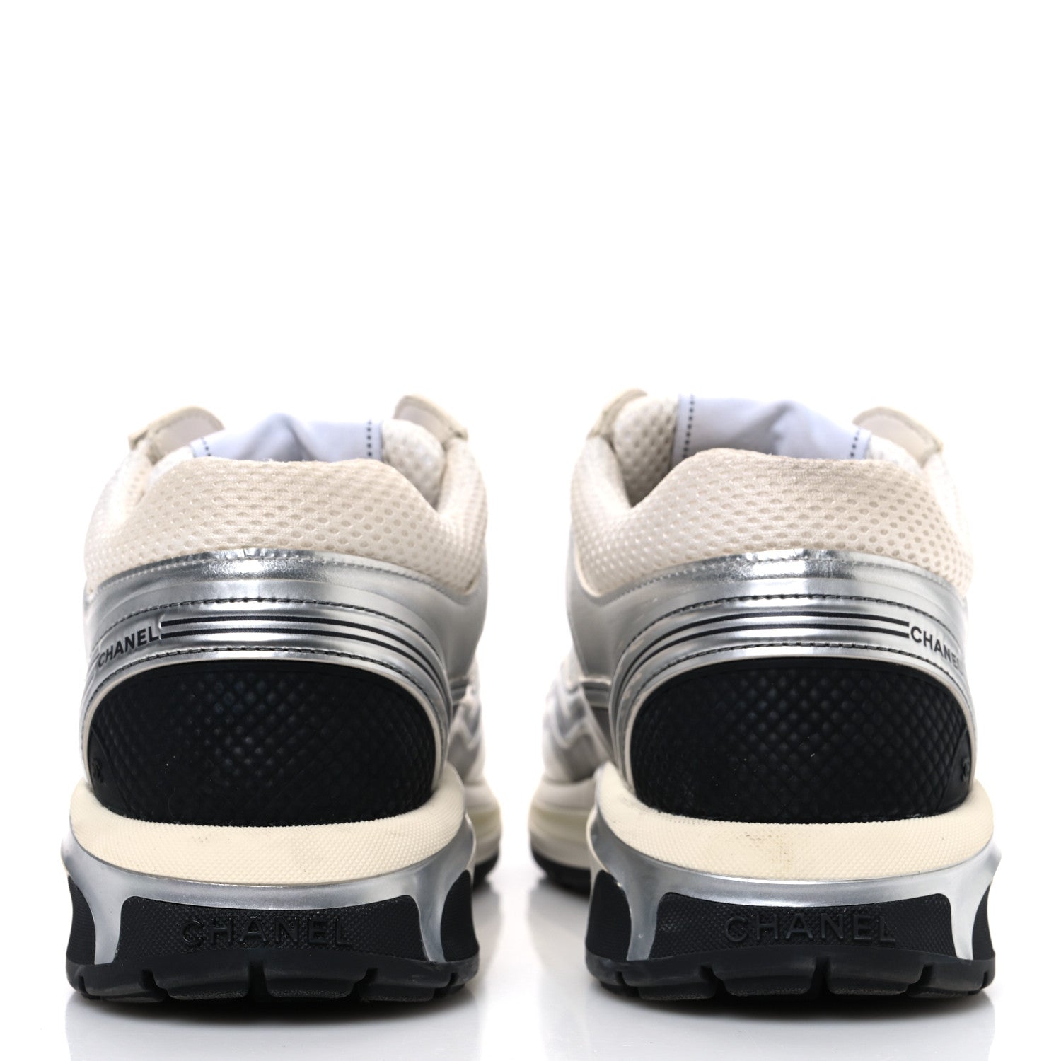 Fabric Laminated Calfskin Stretch CC Womens Sneakers 40 White Silver