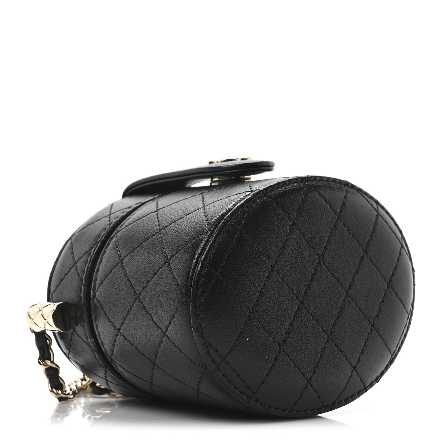 Lambskin Quilted Mini Round Vanity Case With Chain Black