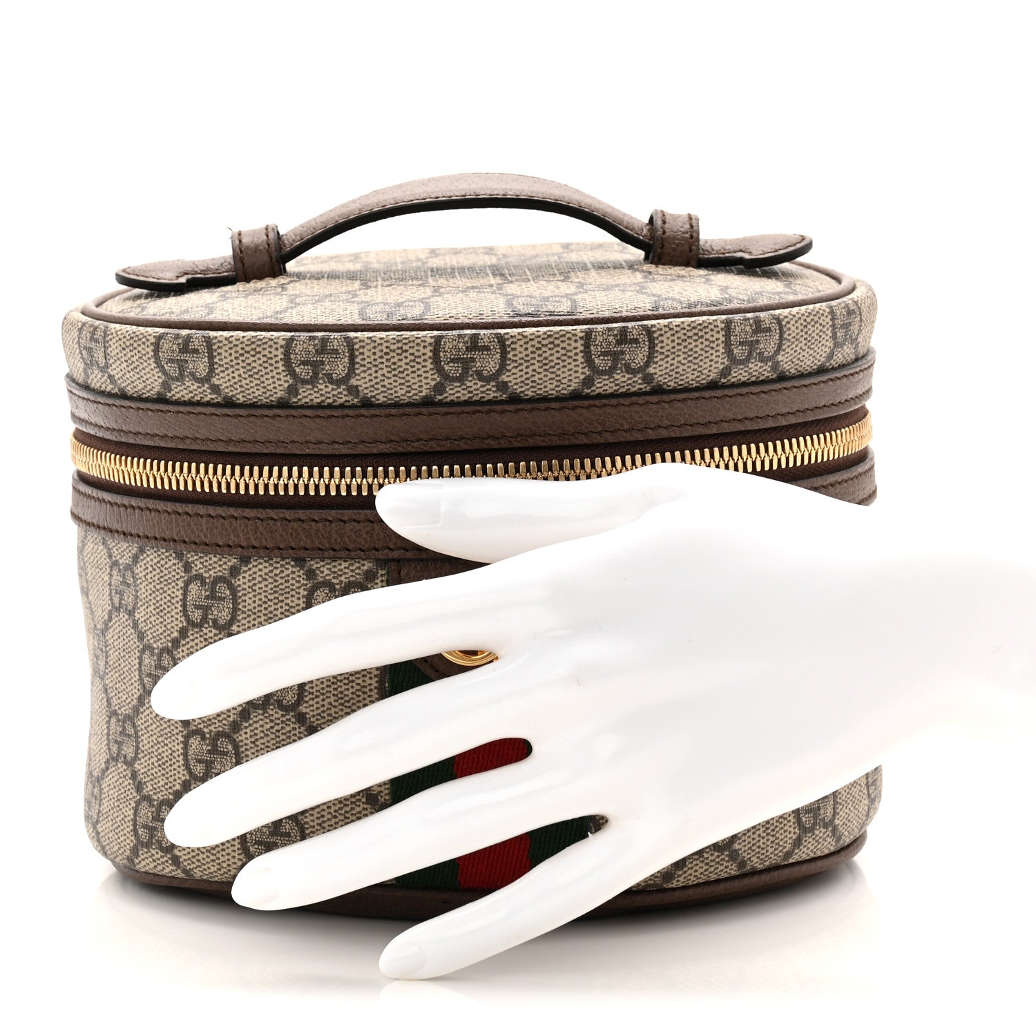 GG Supreme Monogram Textured Calfskin Web Ophidia Vanity Cosmetic Case Beige Ebony New Acero