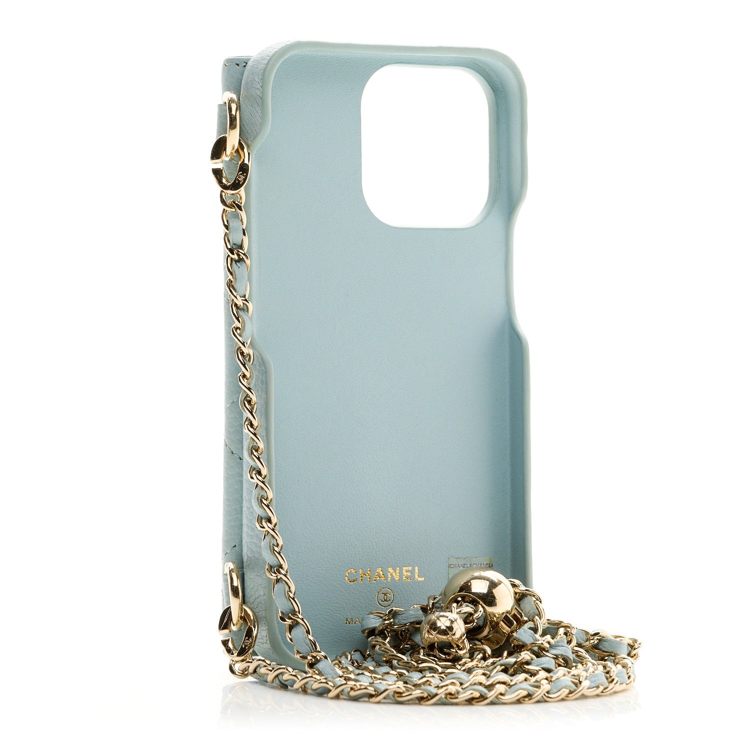 Caviar Quilted Pearl Crush iPhone 13 Pro Holder With Chain Light Blue