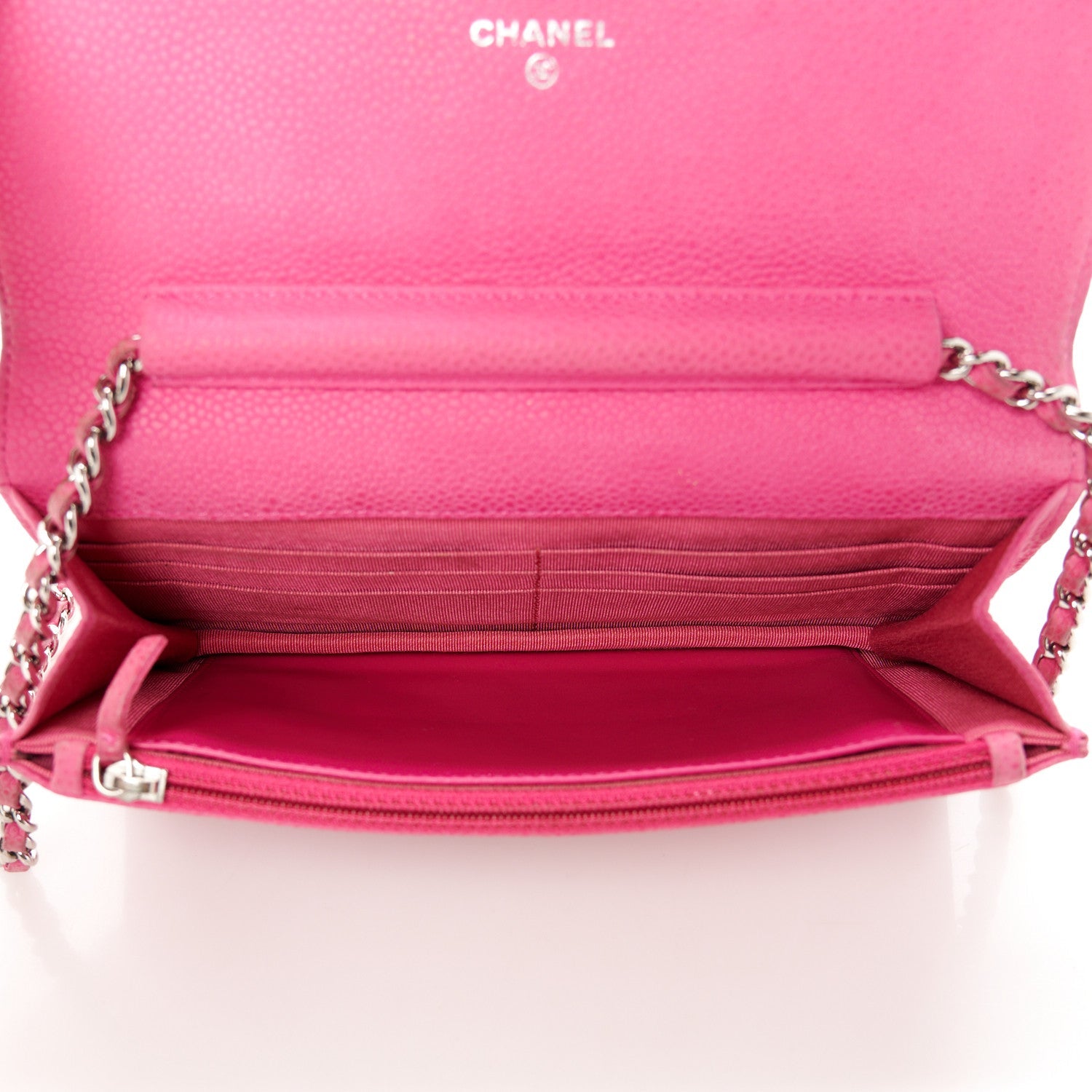 Iridescent Caviar Quilted Wallet on Chain WOC Pink