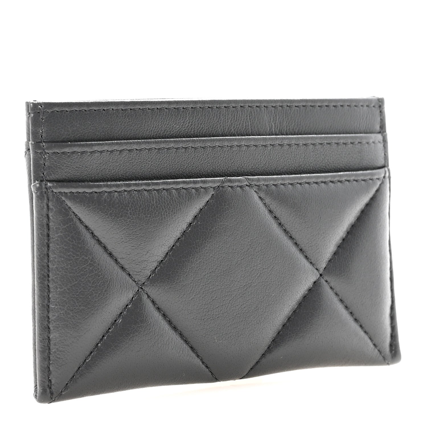Shiny Goatskin Quilted Chanel 19 Card Holder Dark Grey