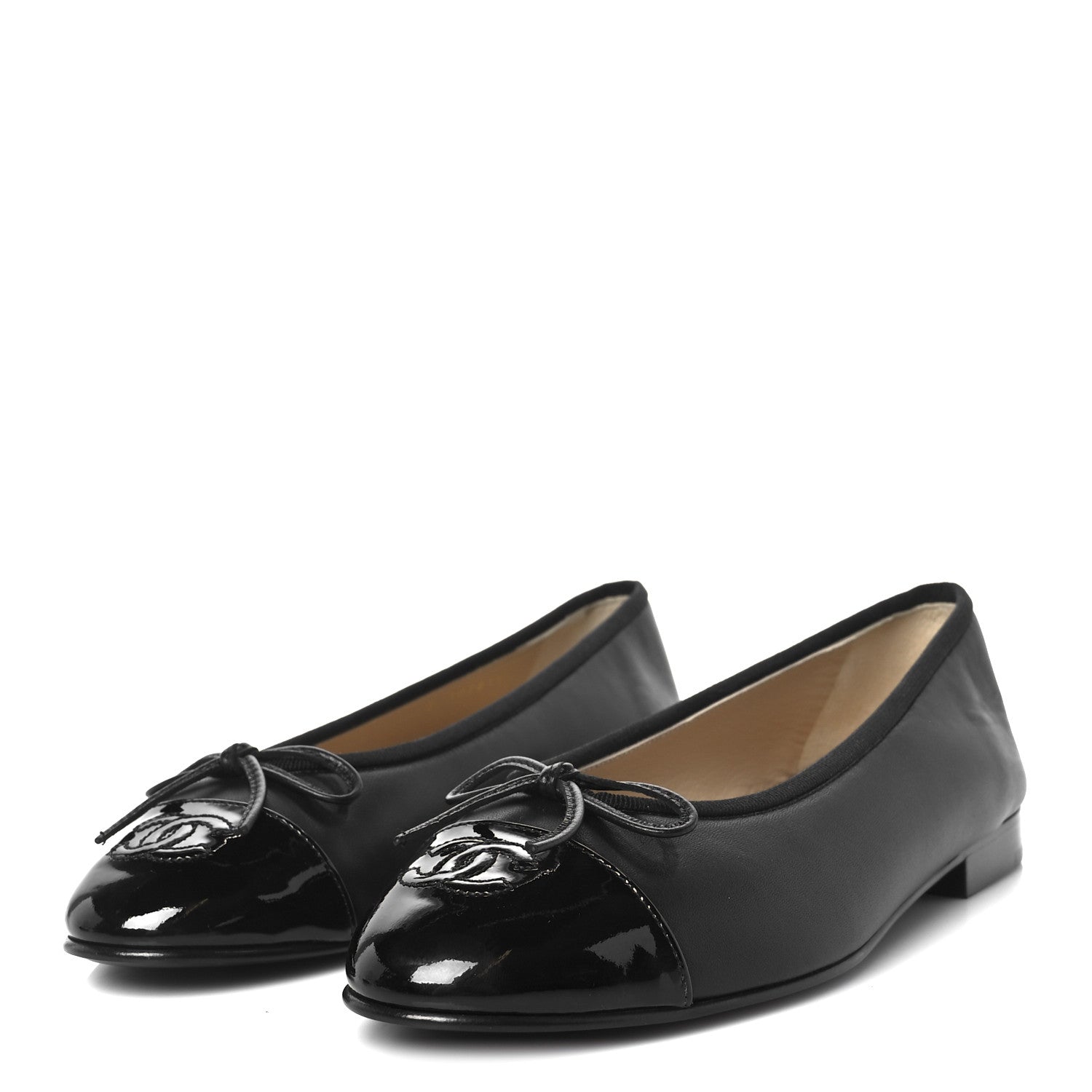 Lambskin Patent Cap Toe Ballerina Flats 38 Black