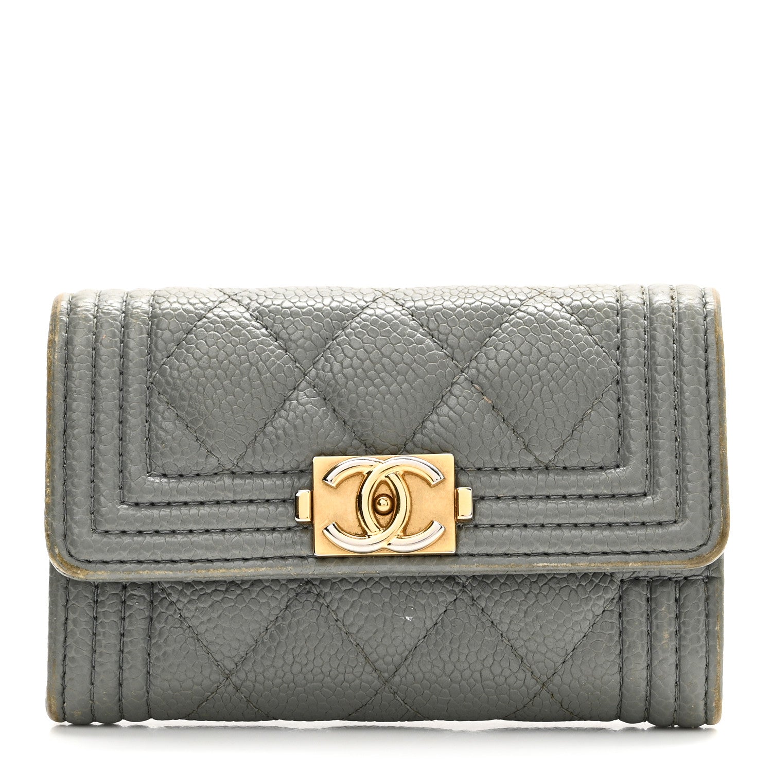Caviar Quilted Boy Flap Card Holder Grey