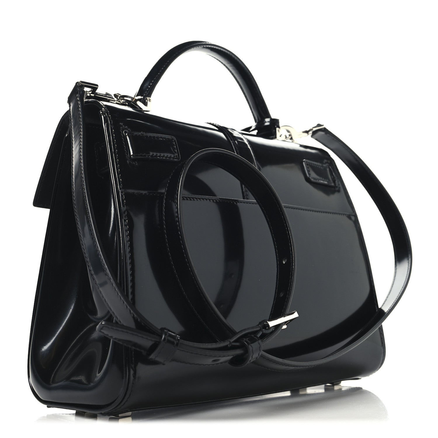 Shiny Calfskin Le Fermoir Top Handle Bag Small Black