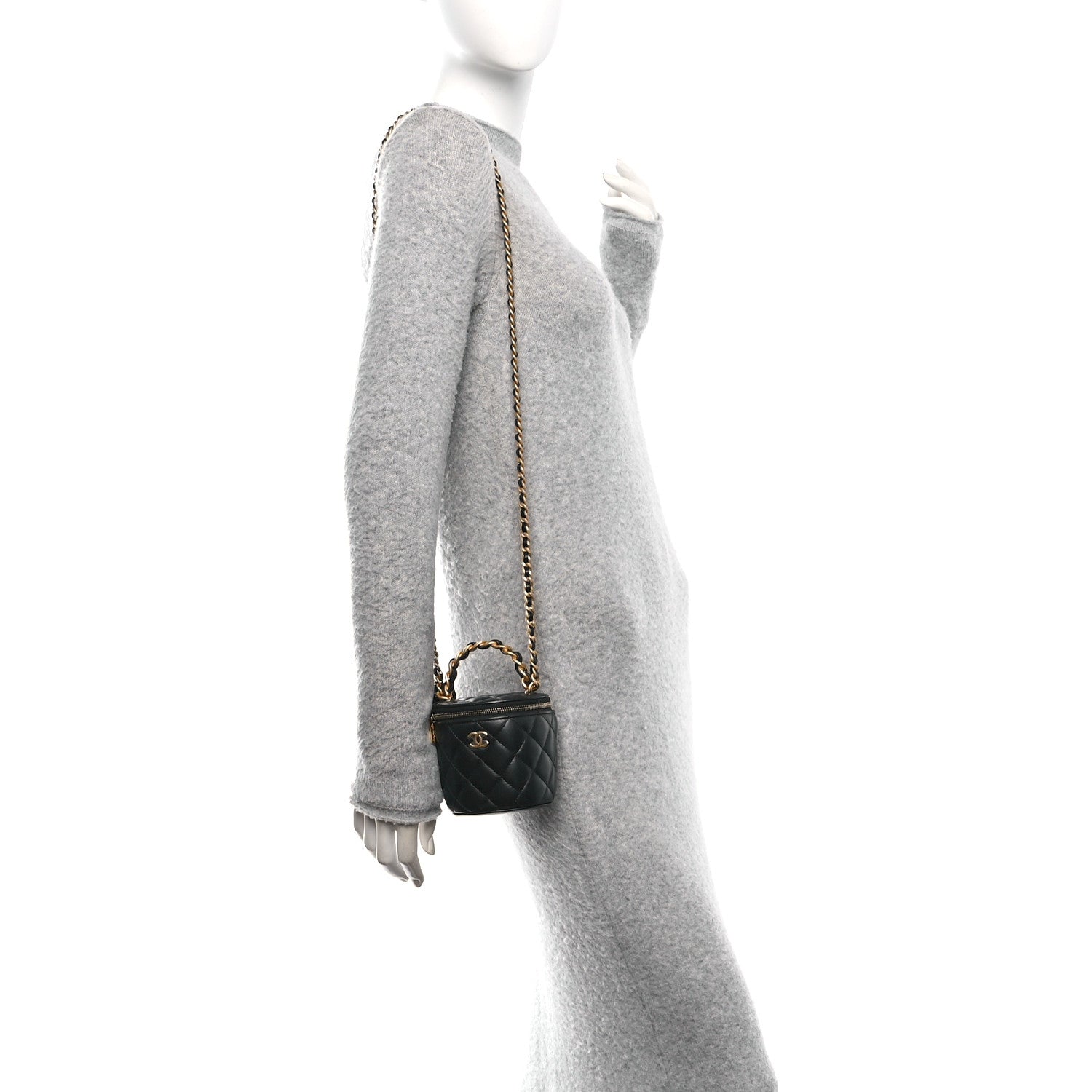 Lambskin Quilted Afternoon Tea Top Handle Vanity Case With Chain Black