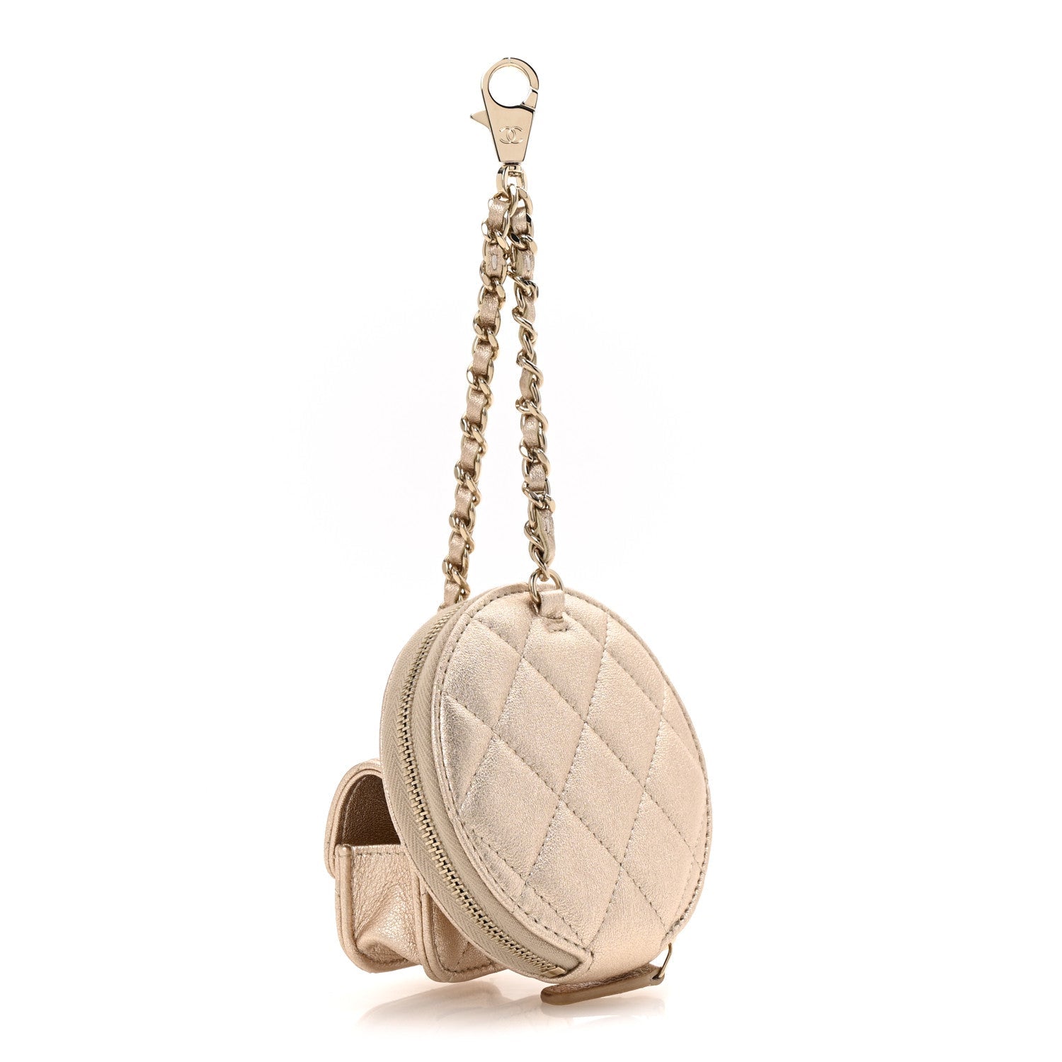 Metallic Lambskin Quilted Round Clip On Coin Purse Airpods Case Gold