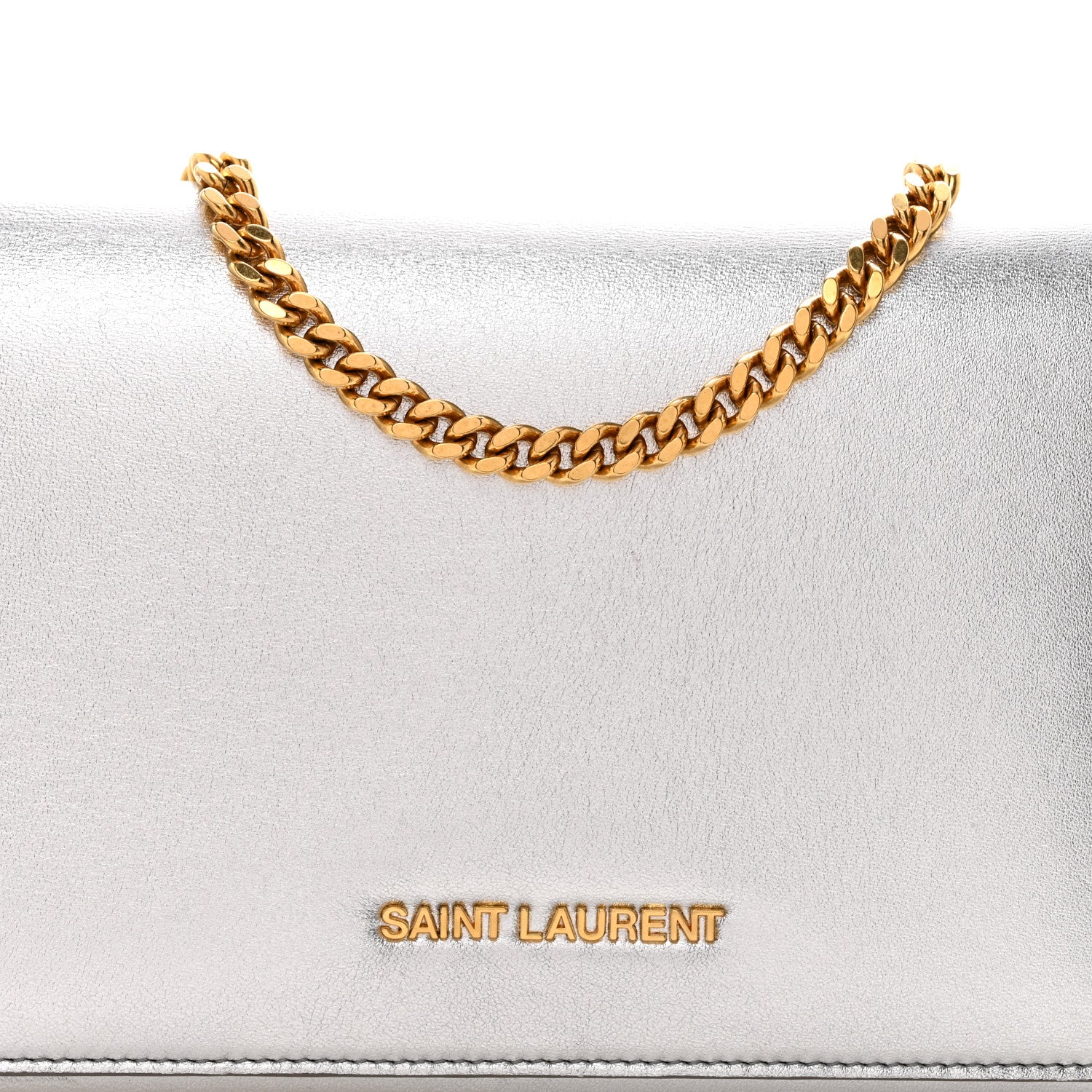 Metallic Grained Calfskin Classic Letters Chain Wallet Argento