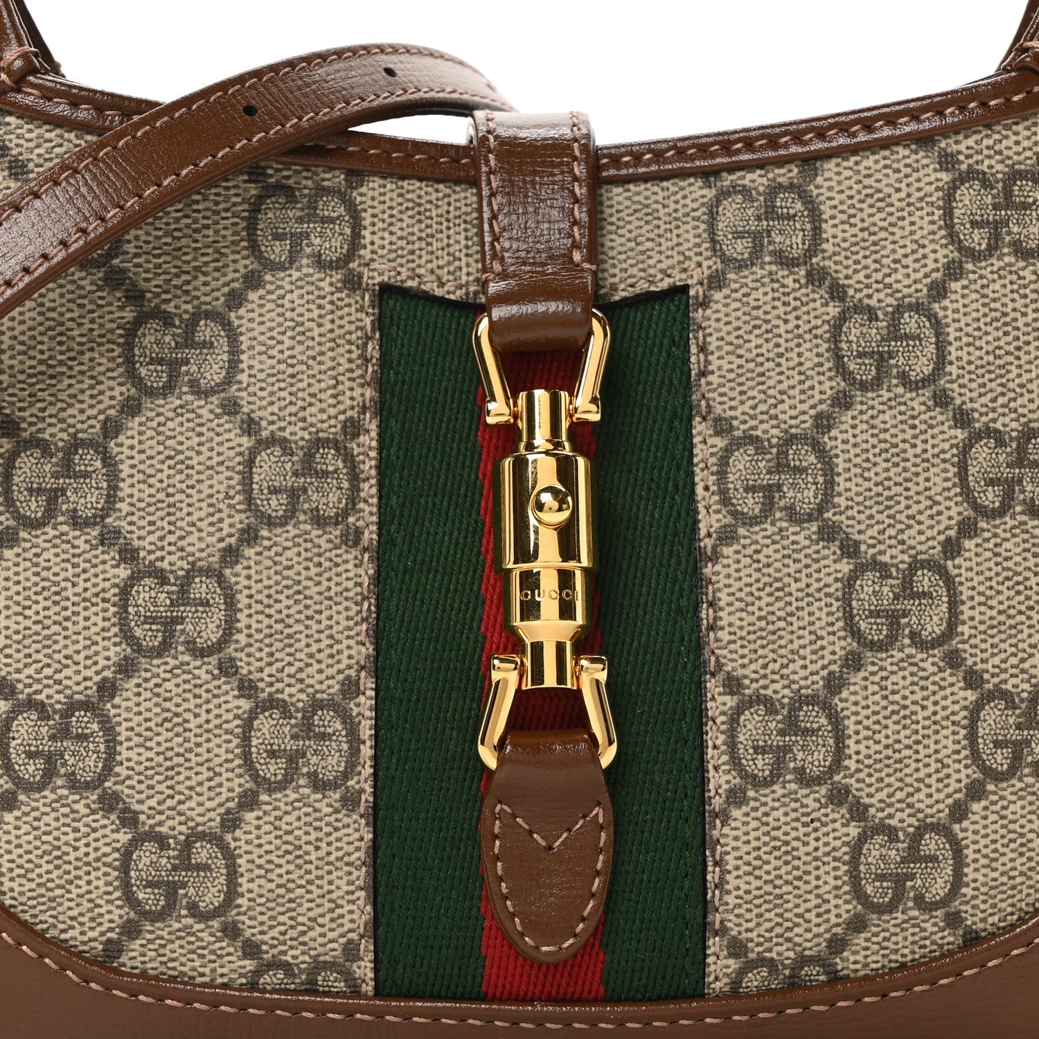 GG Supreme Monogram Azalea Calfskin Web Mini Jackie 1961 Hobo Beige Ebony Brown Sugar