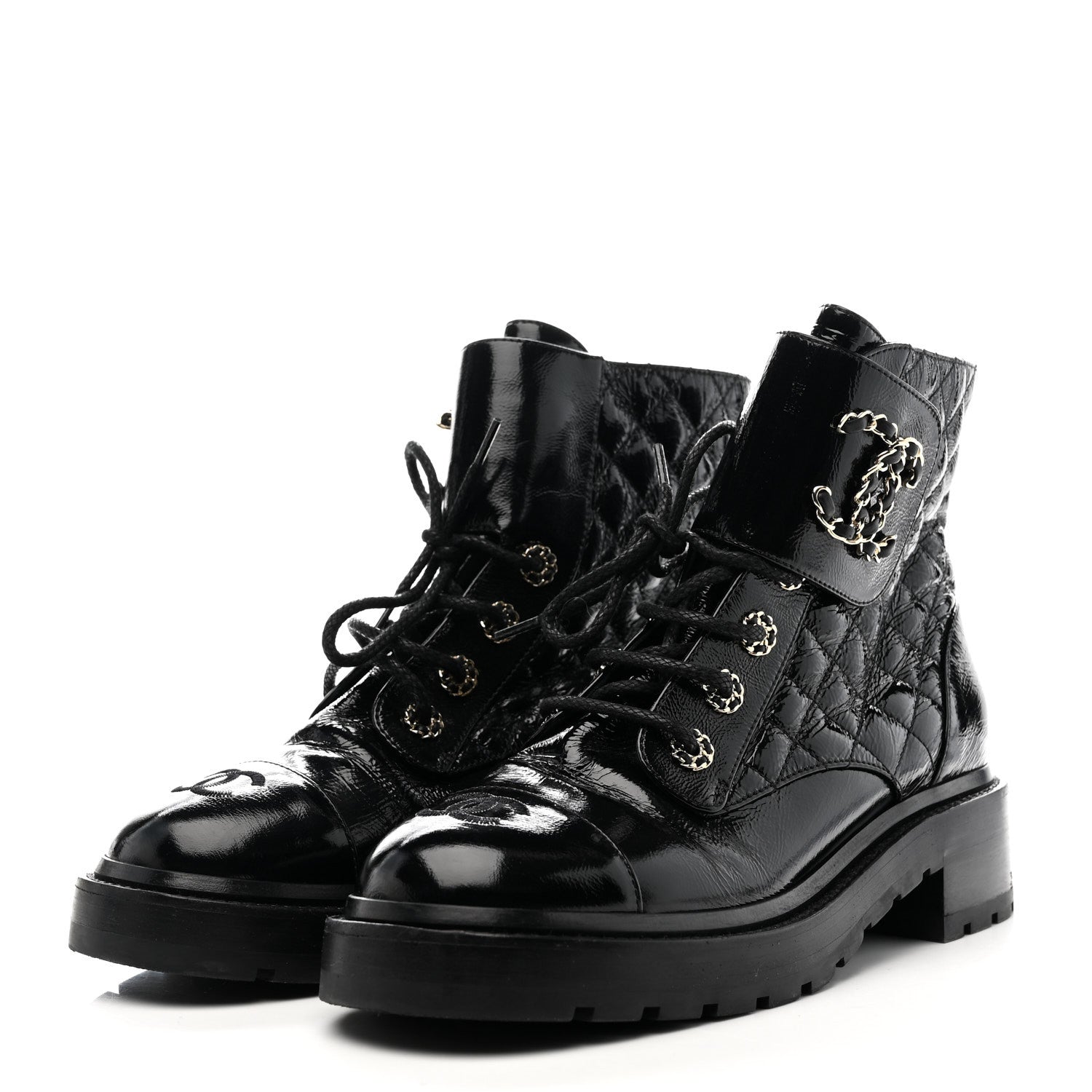 Shiny Lambskin Quilted Lace Up Combat Boots 38.5 Black