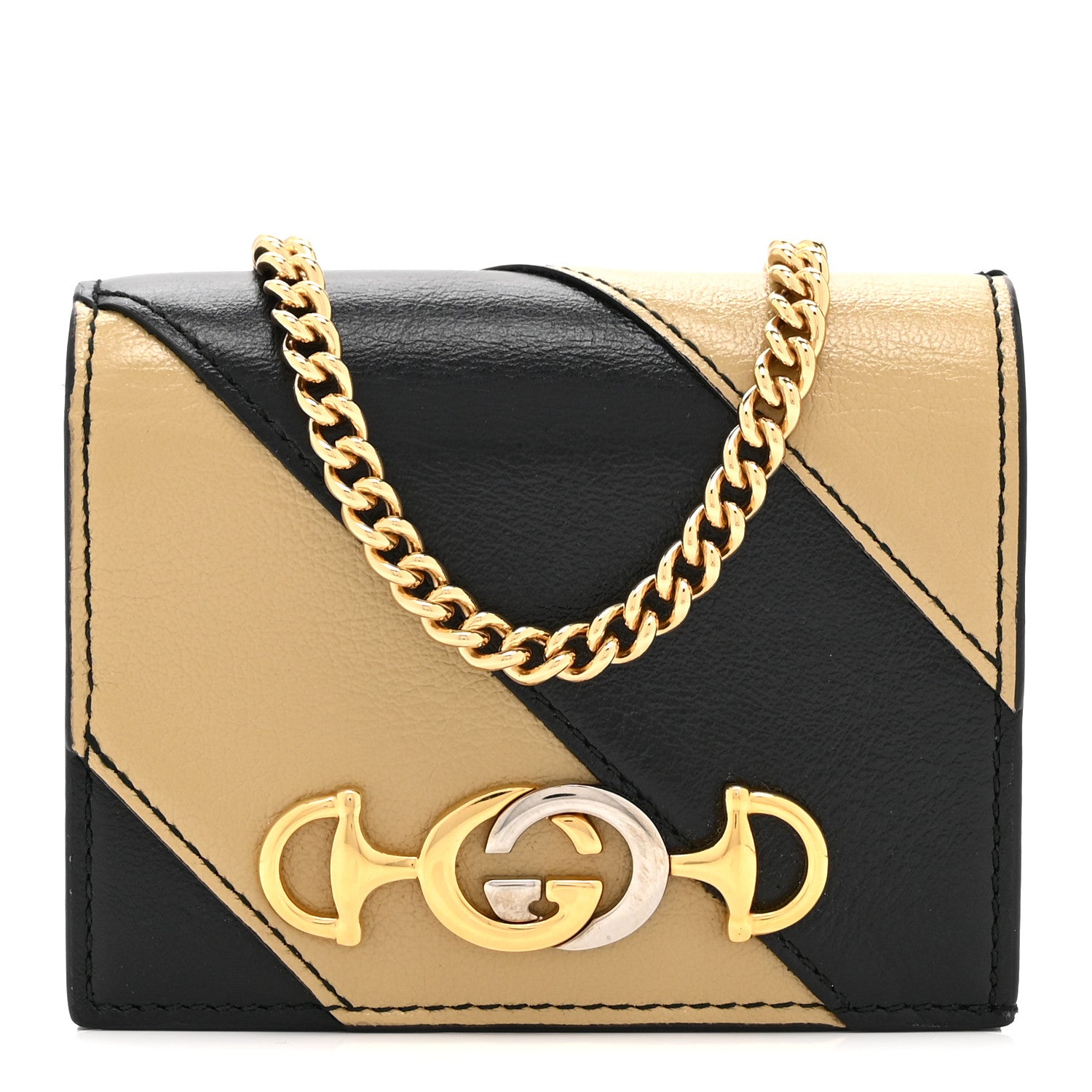 Calfskin Diagonal Striped Zumi Chain Card Case Wallet Black Beige