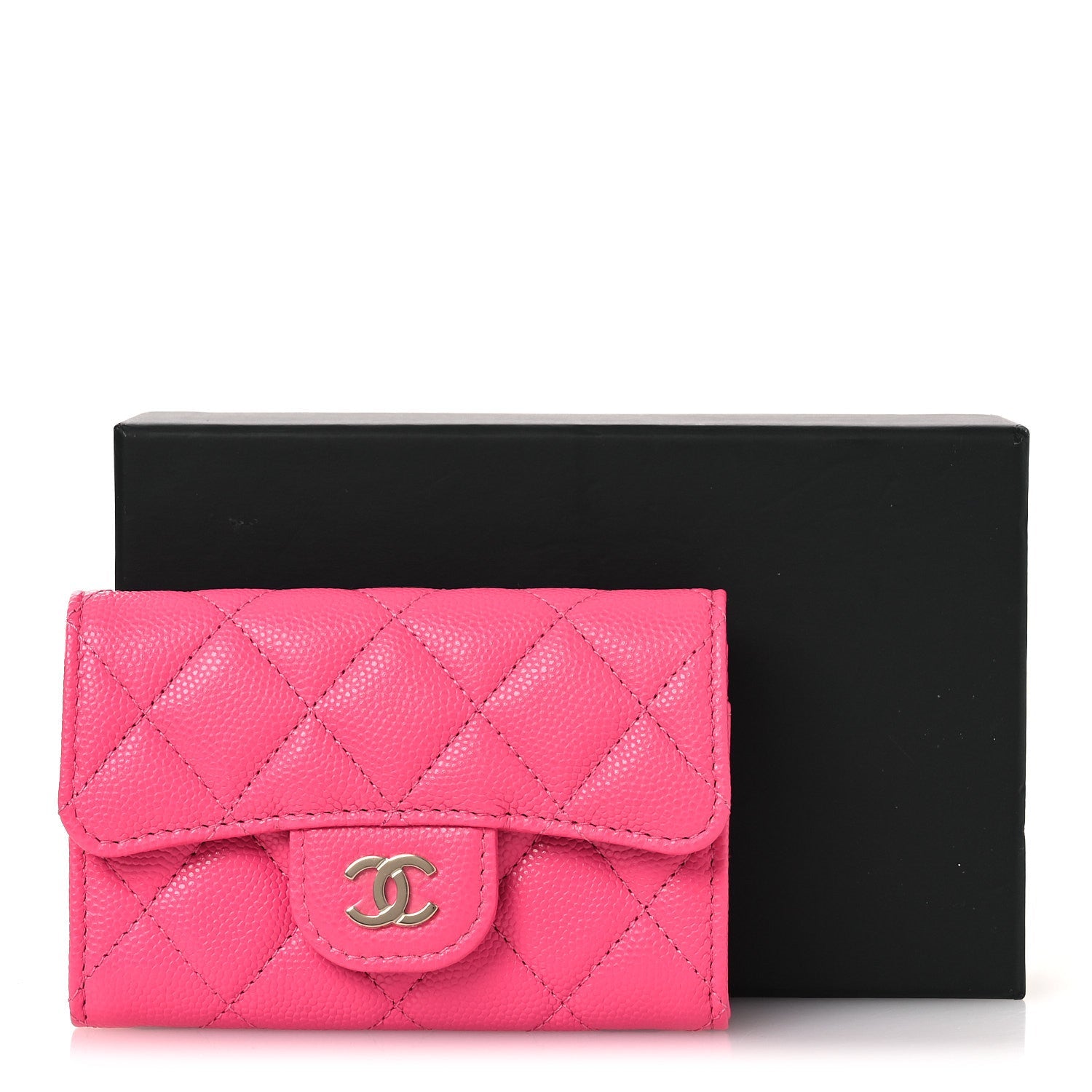 Caviar Quilted Flap Card Holder Wallet Pink