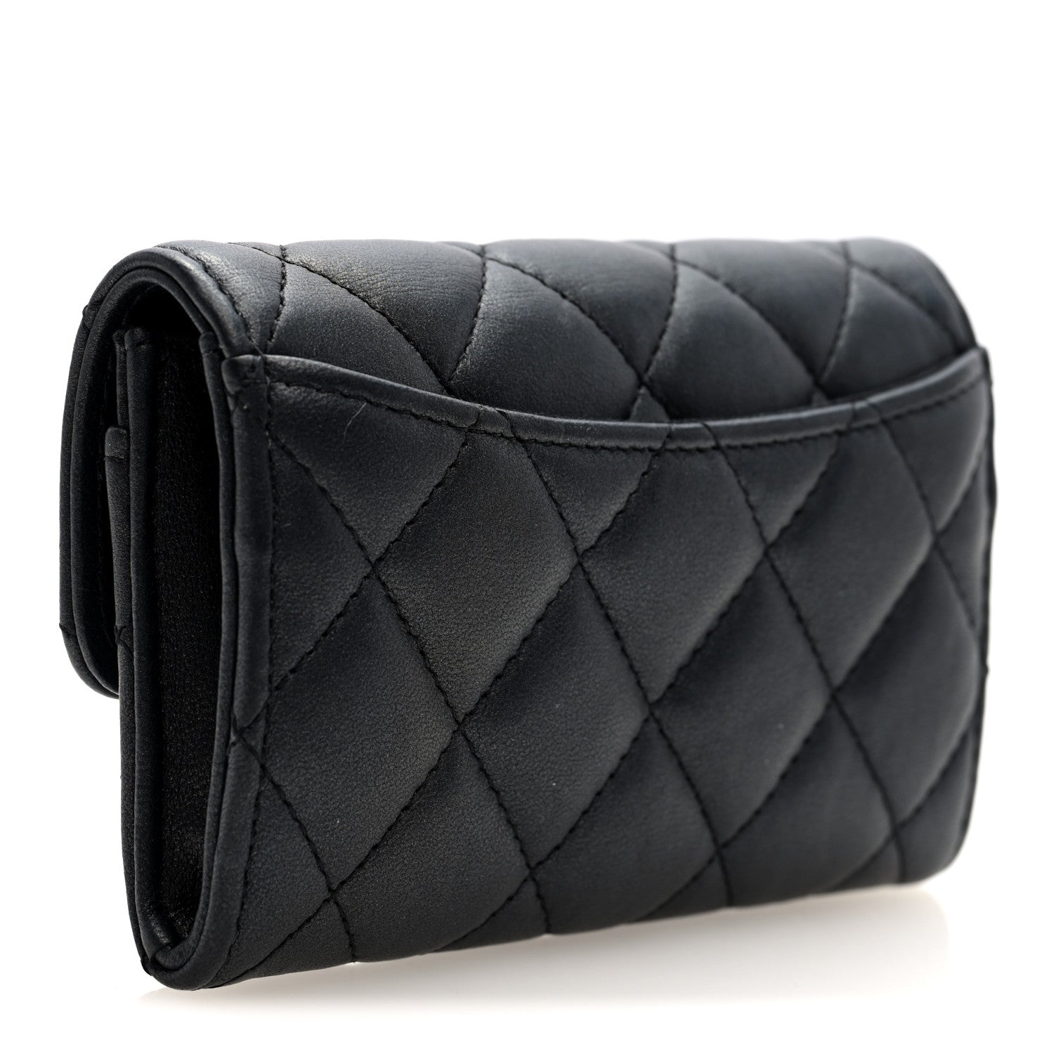 Pearly Lambskin Quilted Flap Card Holder Wallet So Black