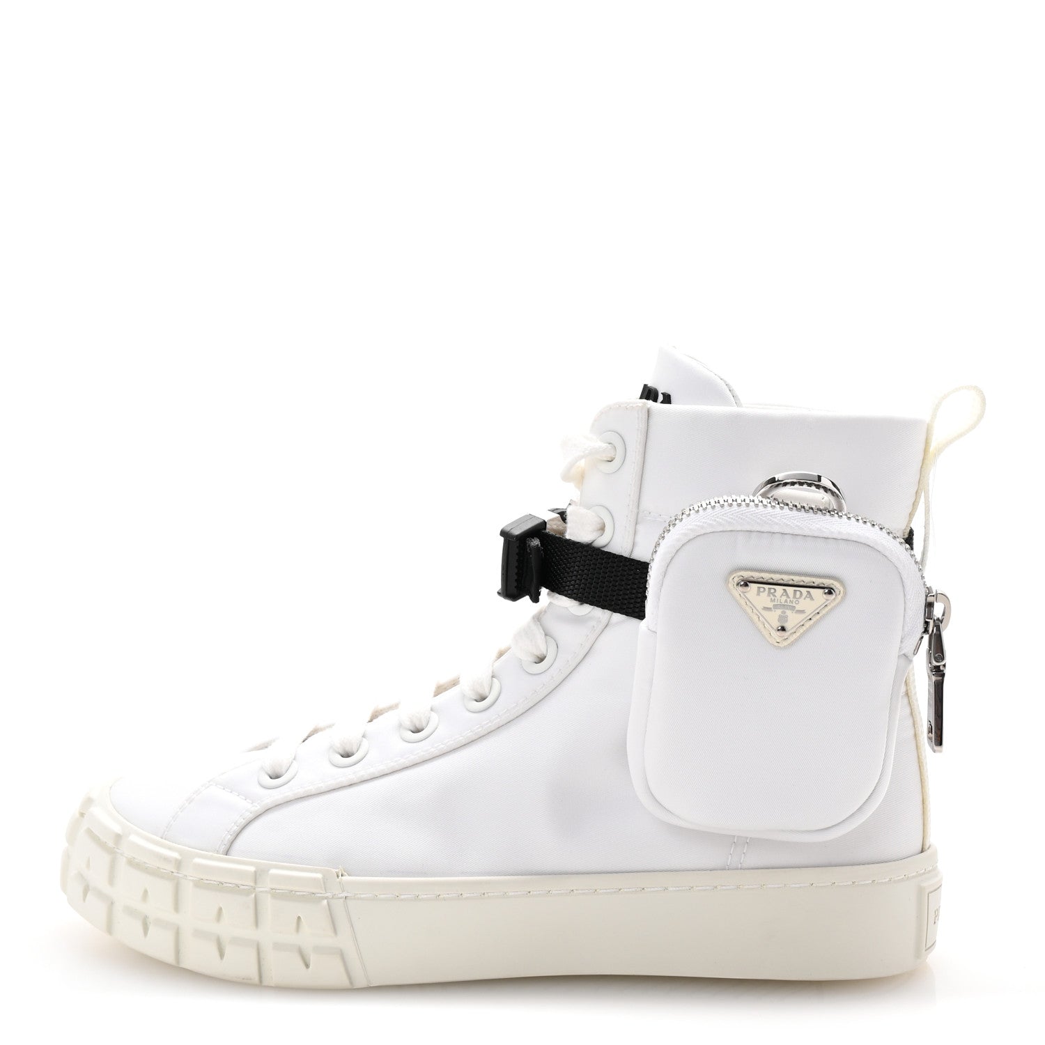 Re-Nylon Gabardine Metal Triangle Logo Wheel Pouch Pocket High Top Sneakers 36 White