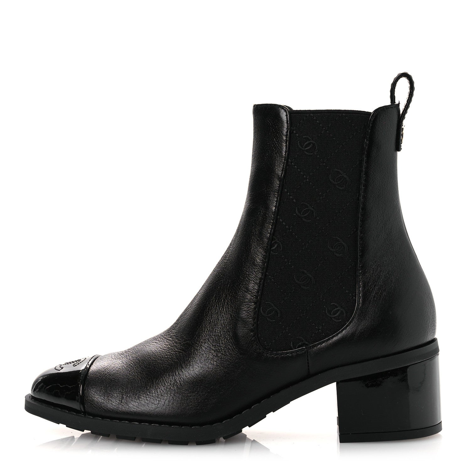 Shiny Grained Calfskin Patent Cap Toe Interlocking CC Short Boots 37.5 Black