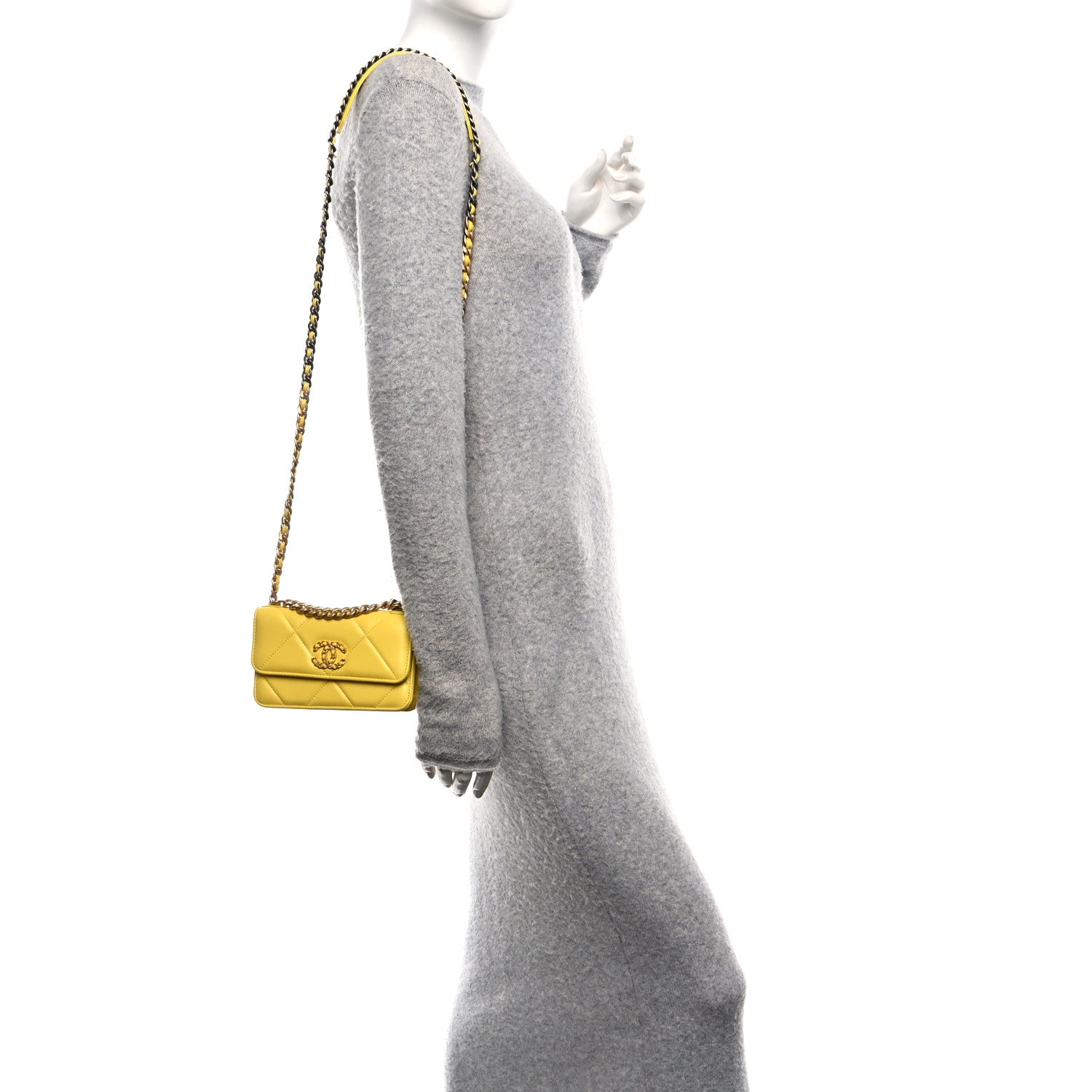 Lambskin Quilted Chanel 19 Flap Phone Holder With Chain Yellow