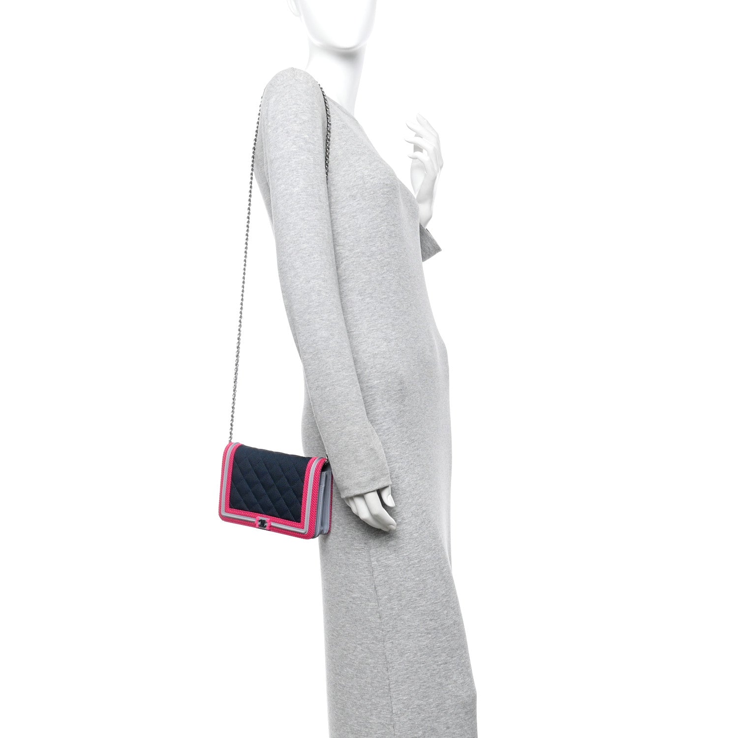 Canvas Quilted Fluo Boy Wallet On Chain WOC Dark Navy Fuchsia Grey