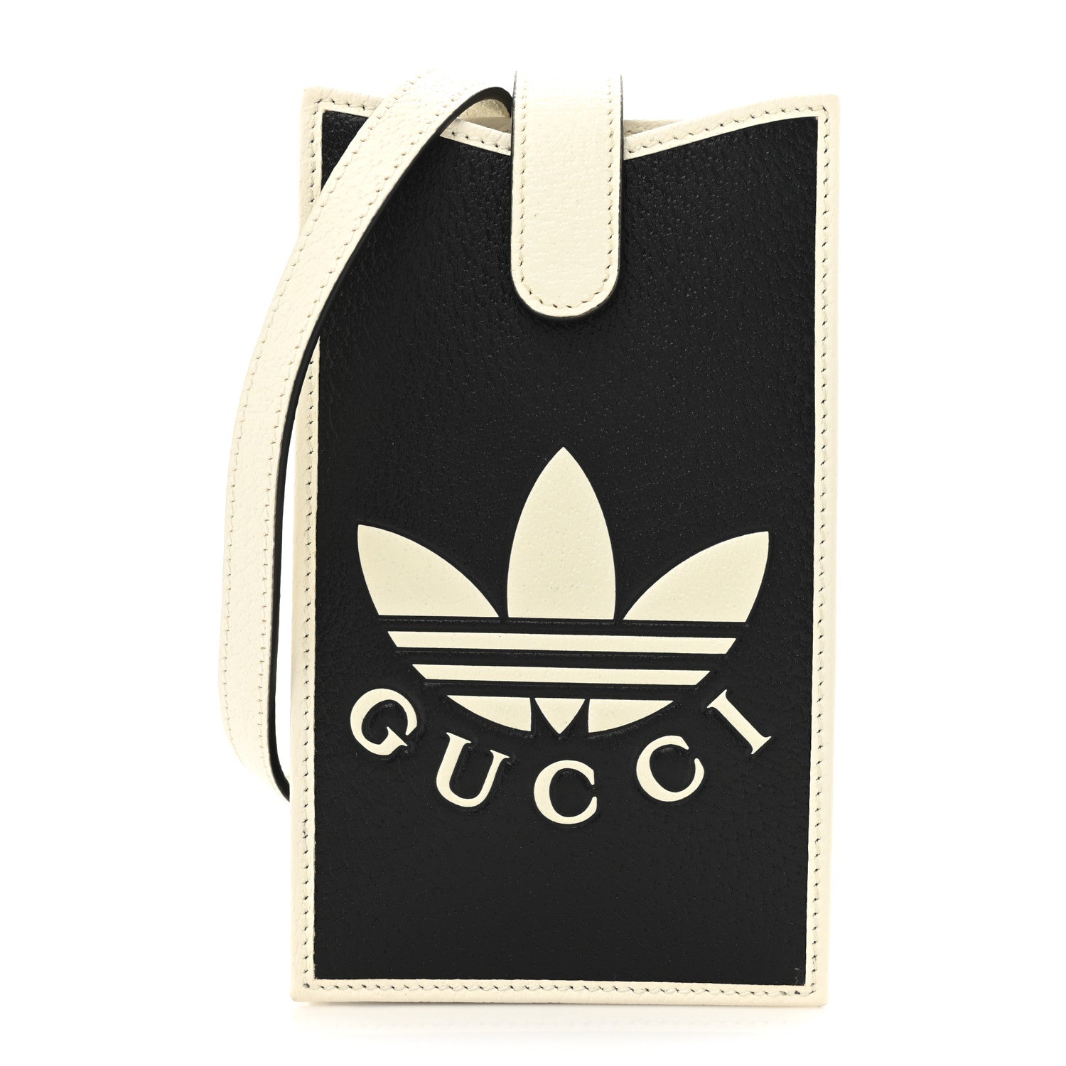 X ADIDAS Textured Dollar Calfskin Trefoil Embossed Phone Crossbody Bag Black Off White