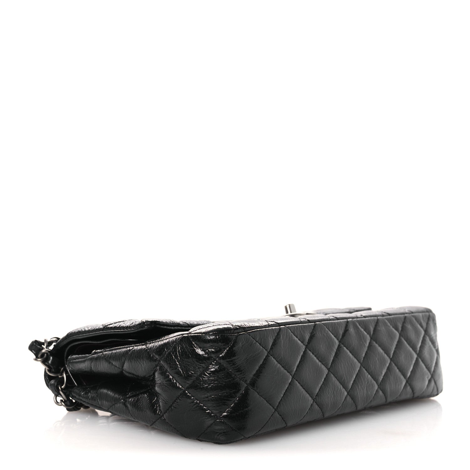 Distressed Patent Quilted Medium Double Flap Black