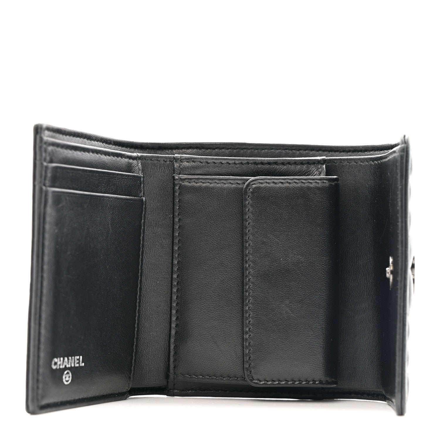 Lambskin Crystal Camellia Embossed Small Double Wallet Black