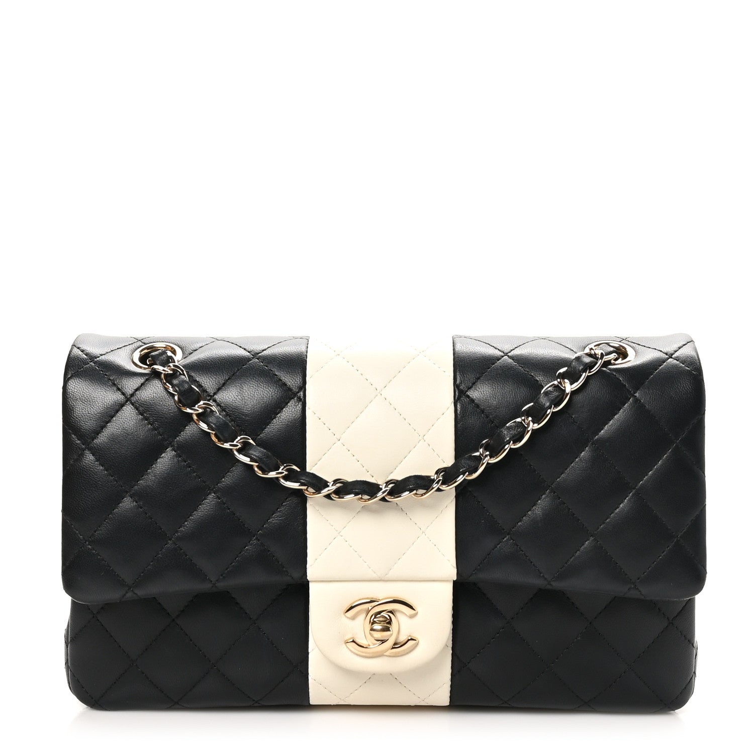 Lambskin Quilted Medium Double Flap Black White