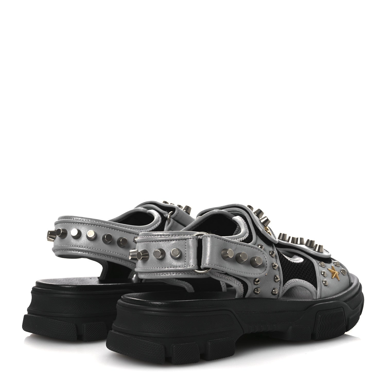 Technical Canvas Calfskin Reflective Studded Mens Aguru Sandals 6.5 Silver Black