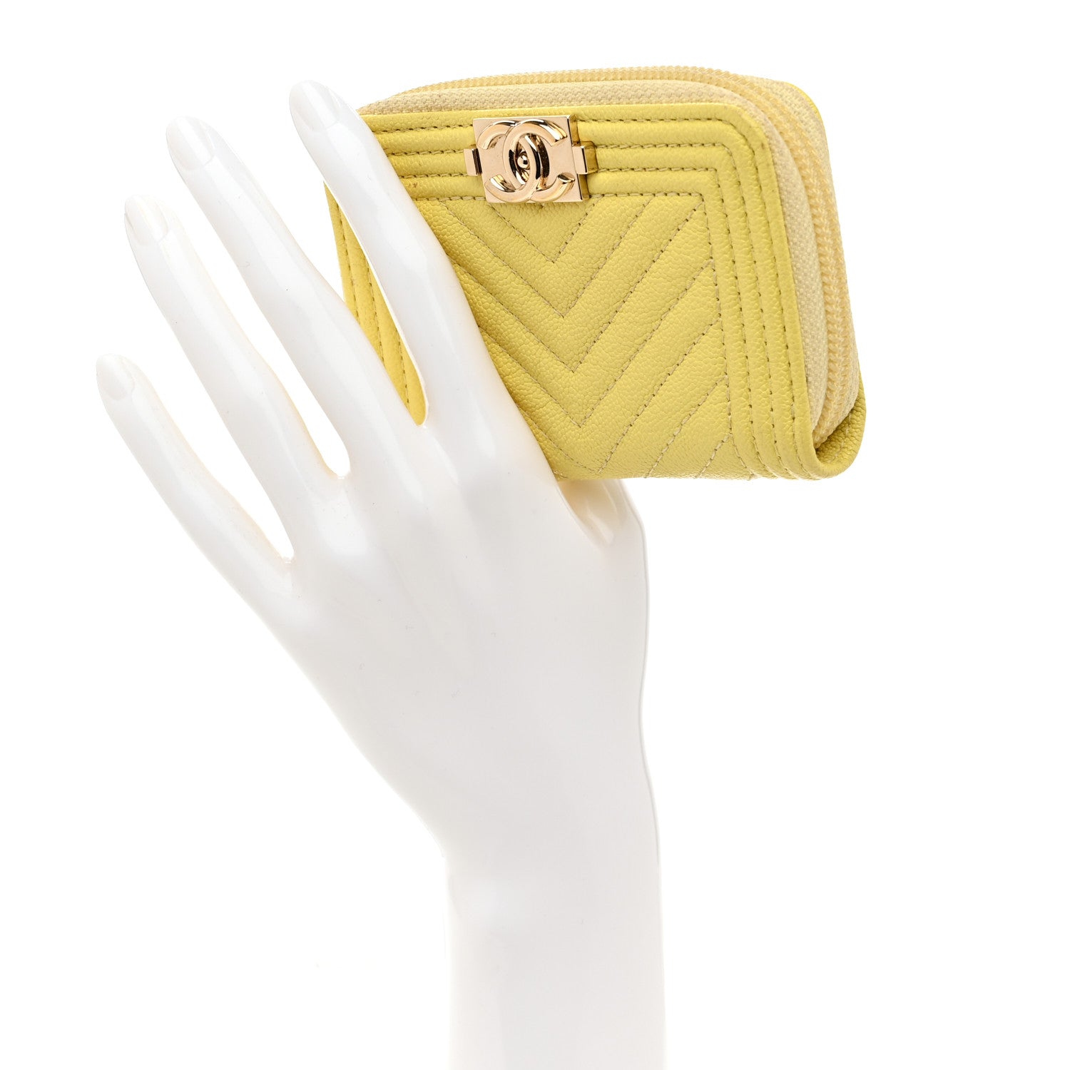 Caviar Chevron Quilted Boy Zip Around Coin Purse Wallet Yellow