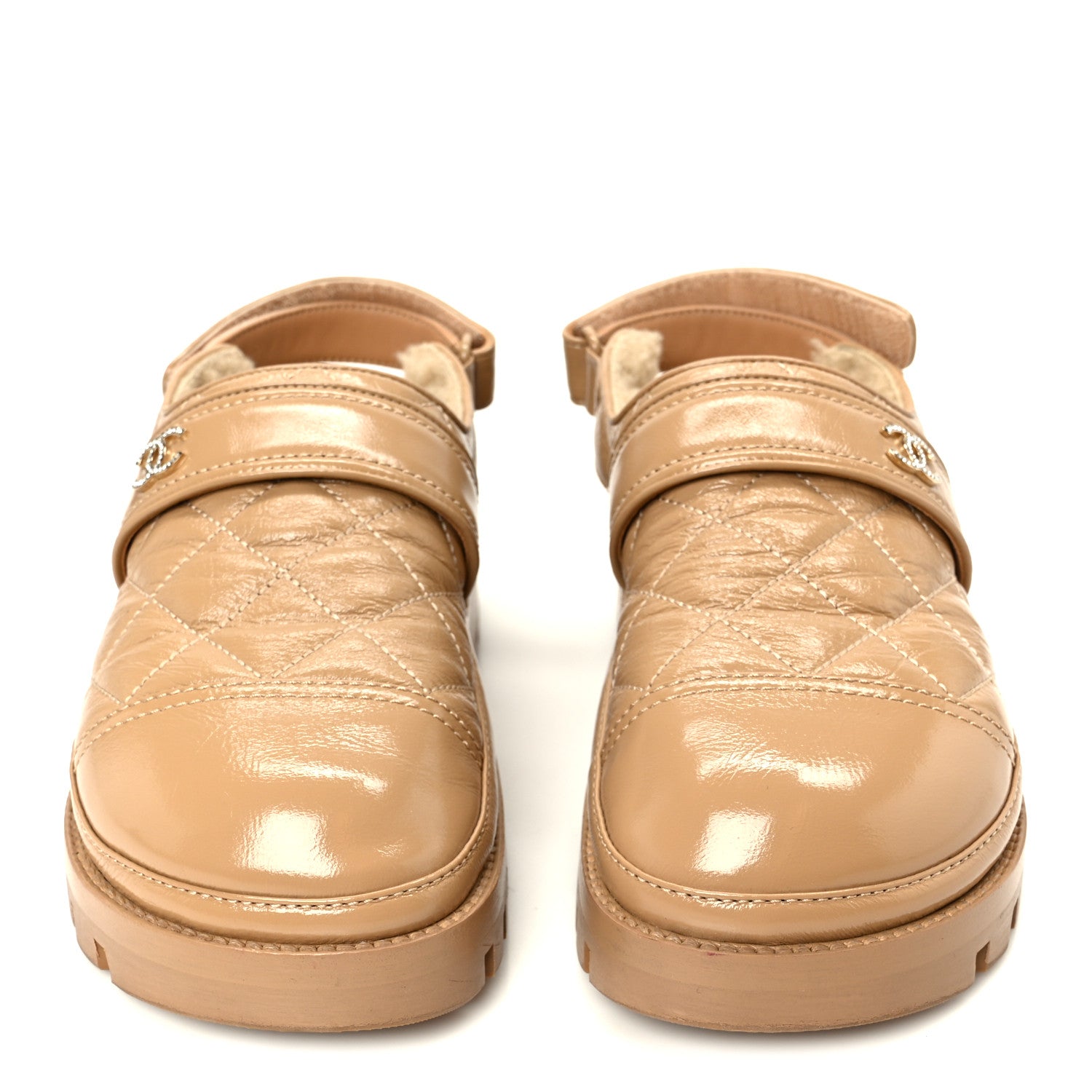 Crumpled Shiny Lambskin Shearling Quilted CC Slingback Mule Sandals 37 Dark Beige