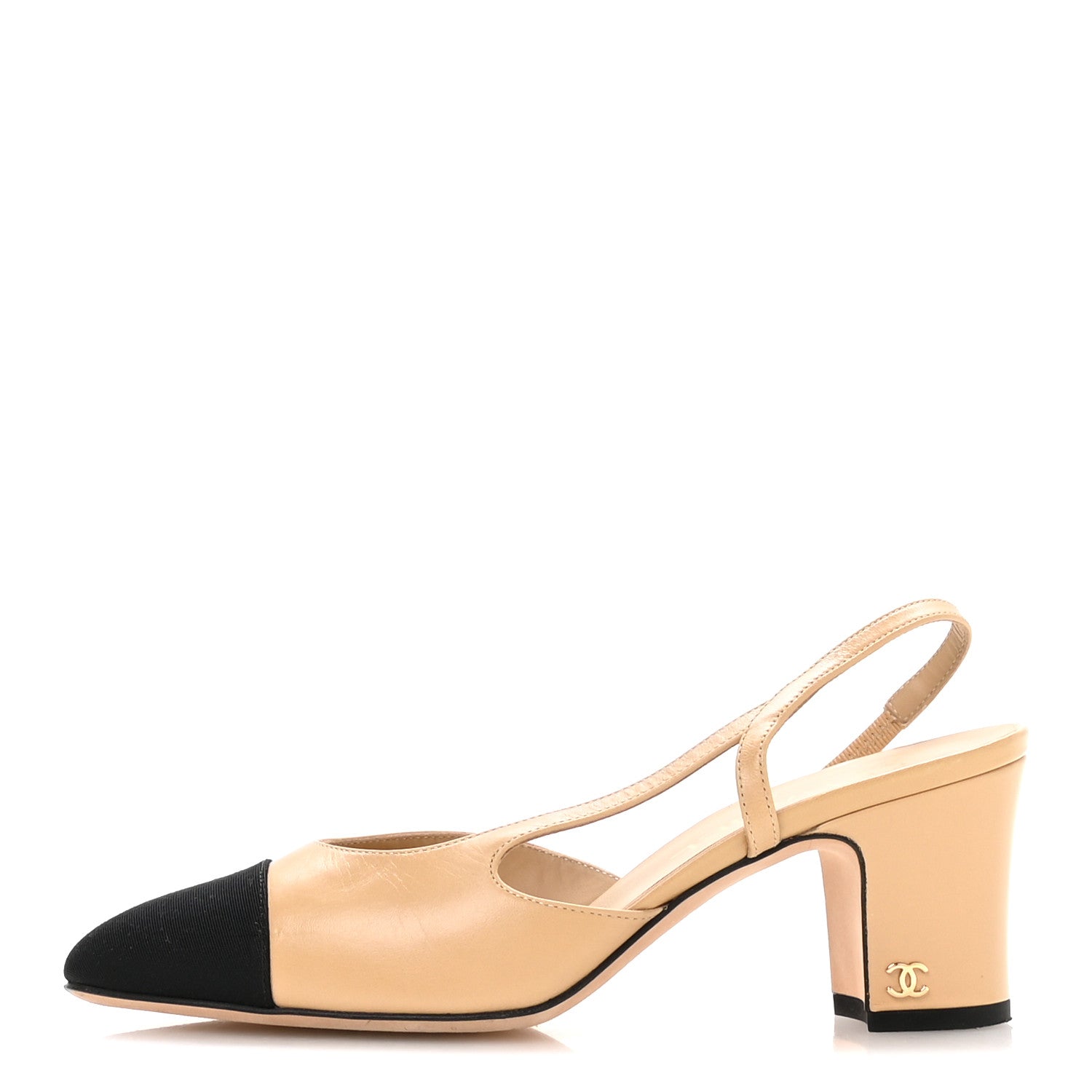 Goatskin Grosgrain Cap Toe CC Slingback Pumps 37.5 Beige Black