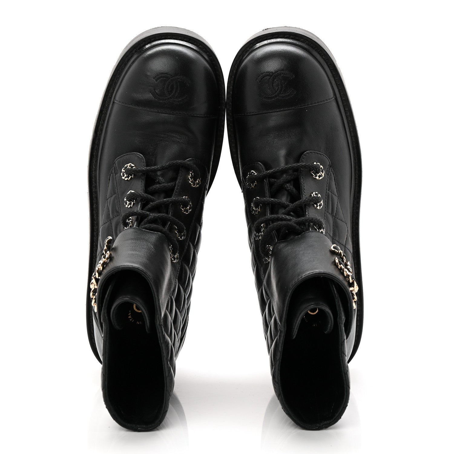 Shiny Lambskin Quilted Lace Up Combat Boots 38.5 Black
