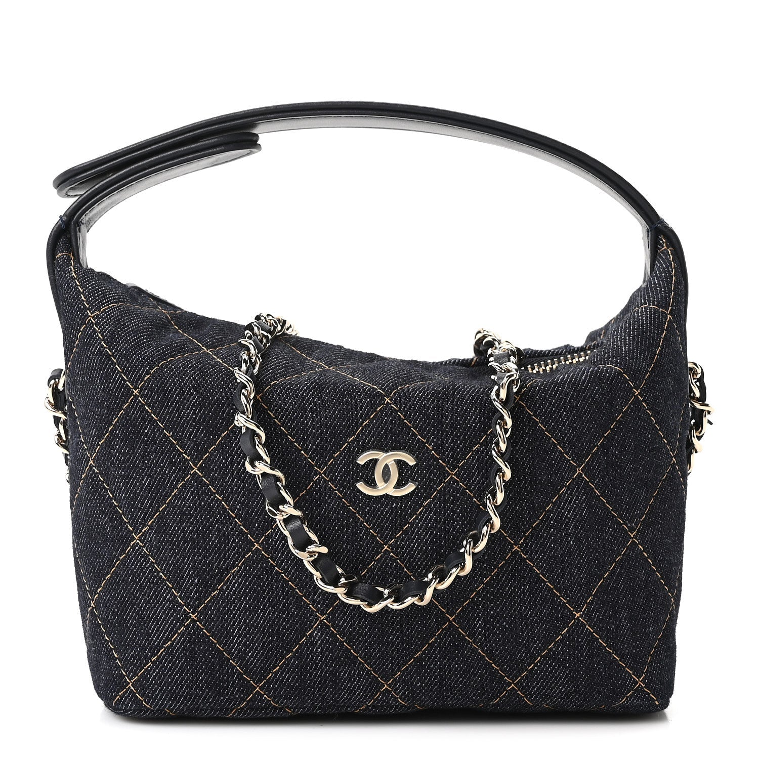 Denim Quilted Hobo Clutch With Chain Dark Blue Orange